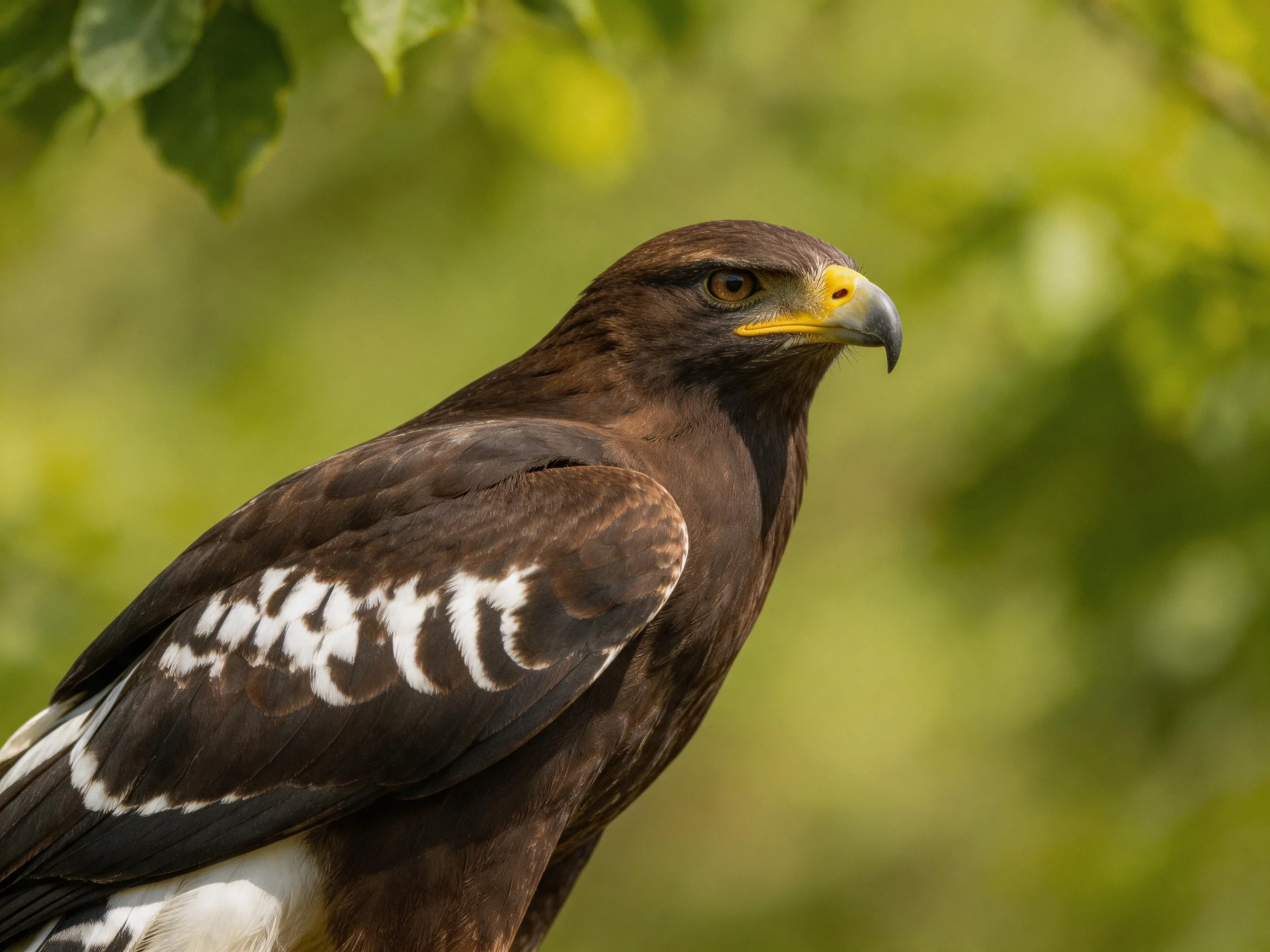 A brown-feathered raptor with yellow beak and white wing markings