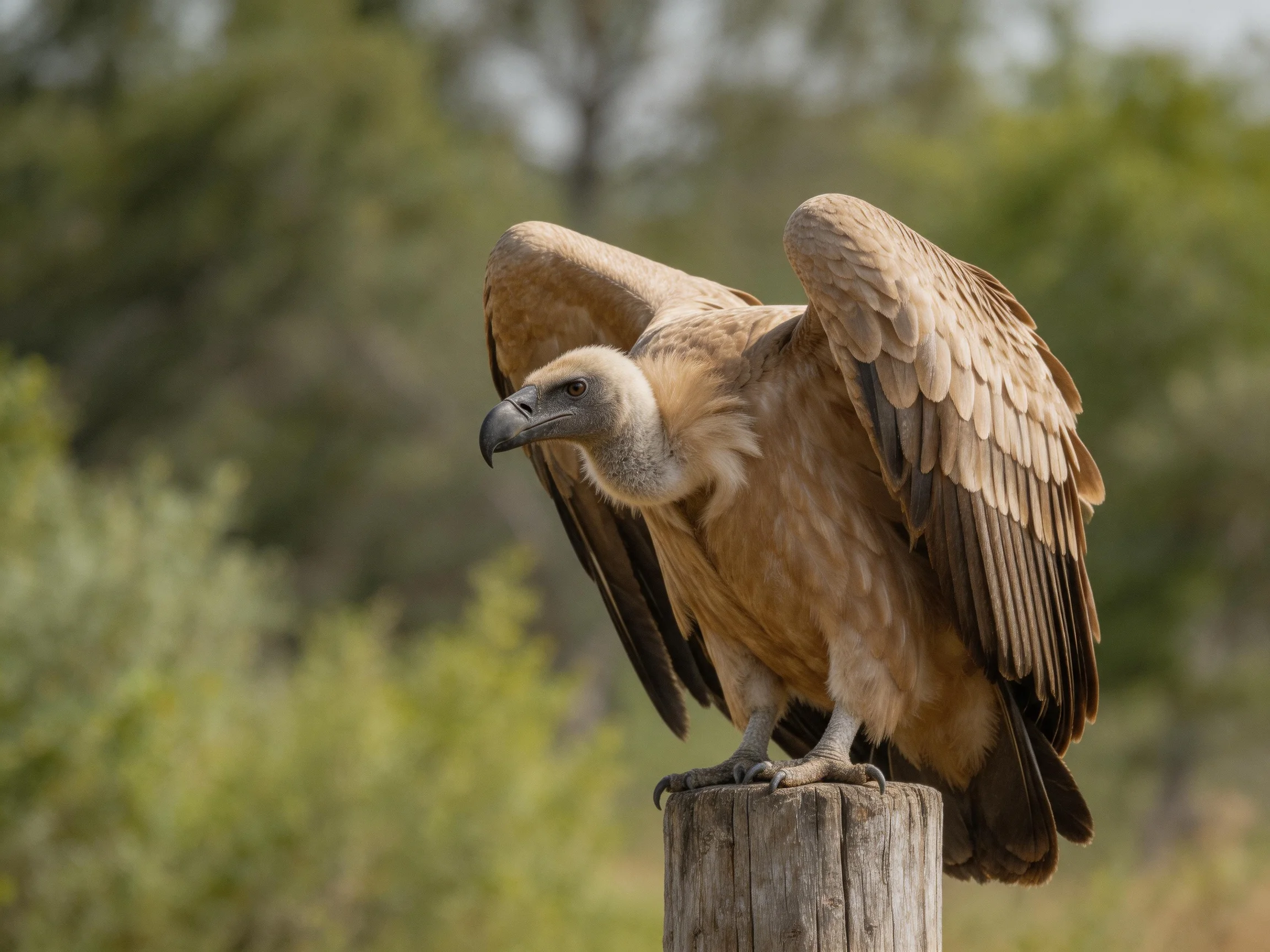 A brown-feathered vulture spreads wings atop a wooden post