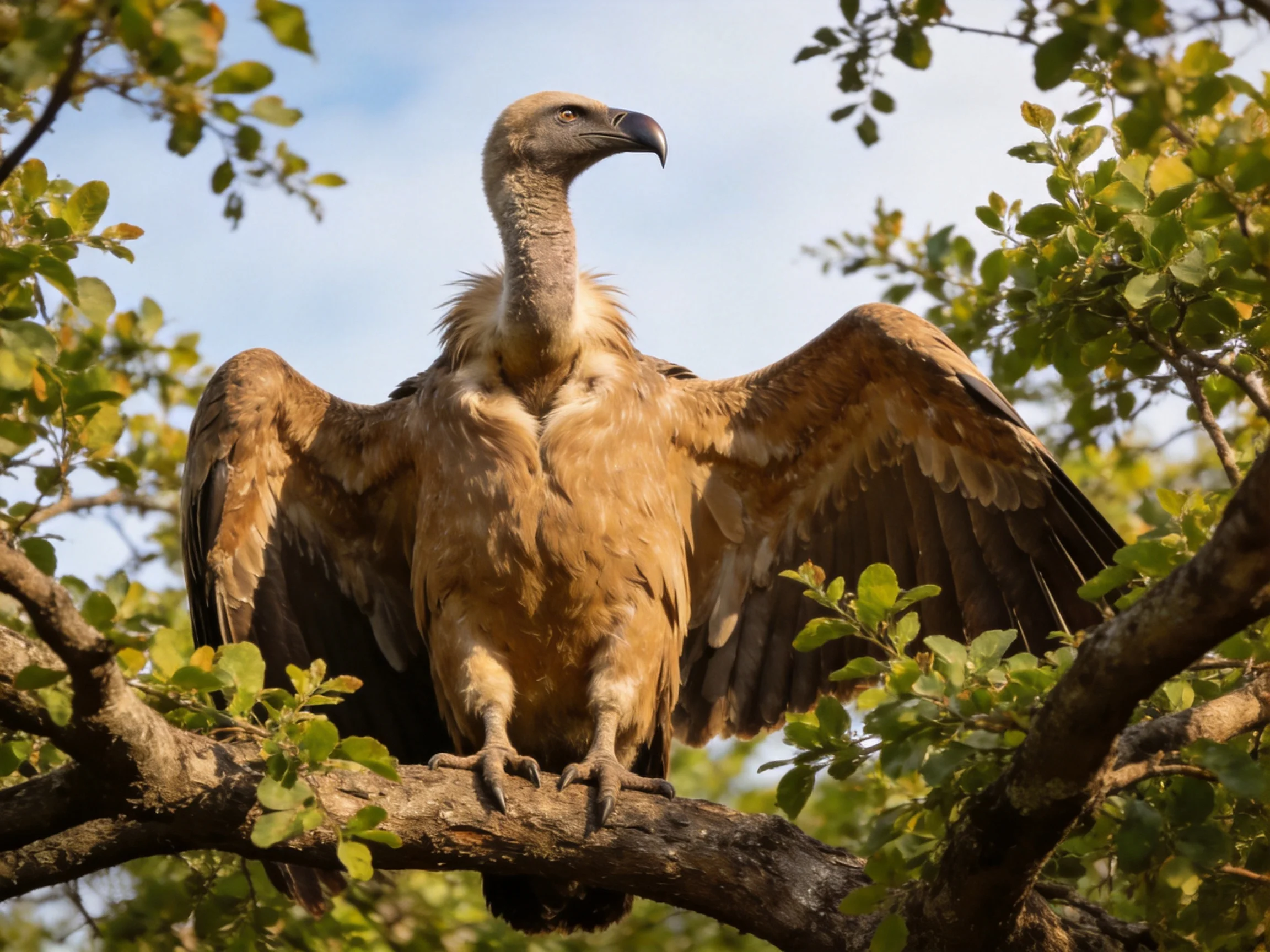 A brown-feathered vulture spreads wings on a tree branch