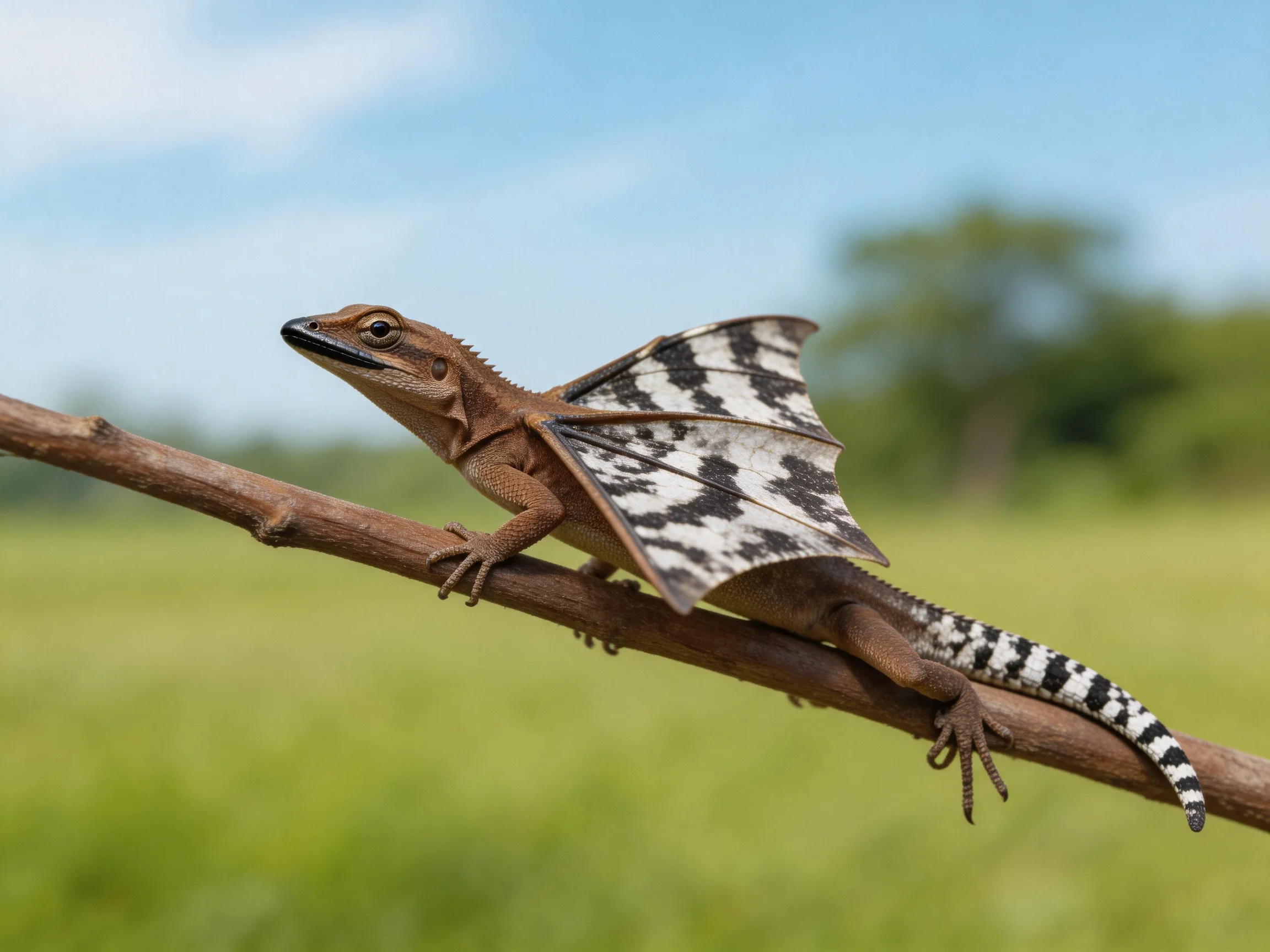 A brown flying dragon lizard with patterned wings perches on a branch