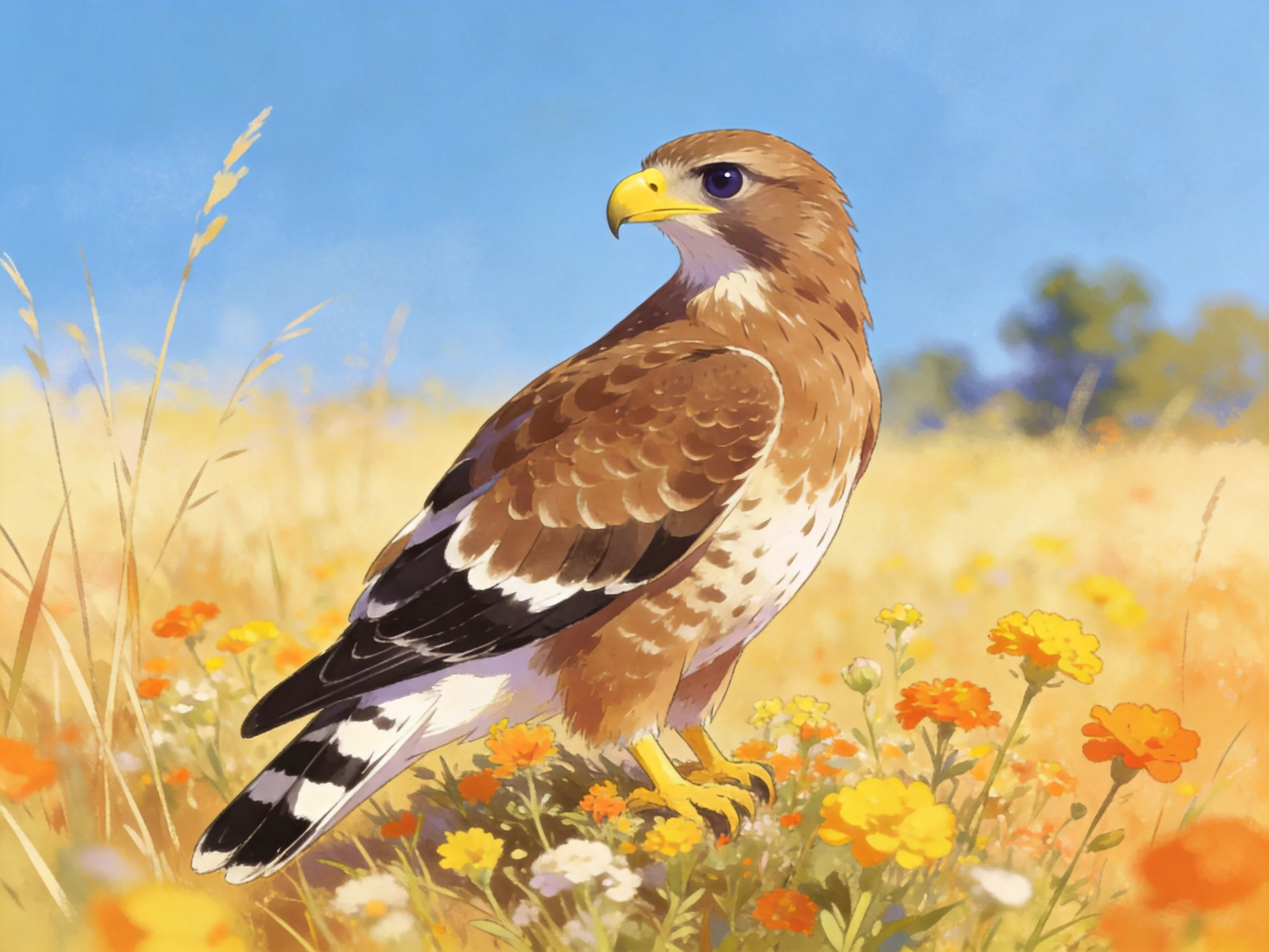 A brown hawk perched among colorful wildflowers in a sunlit meadow