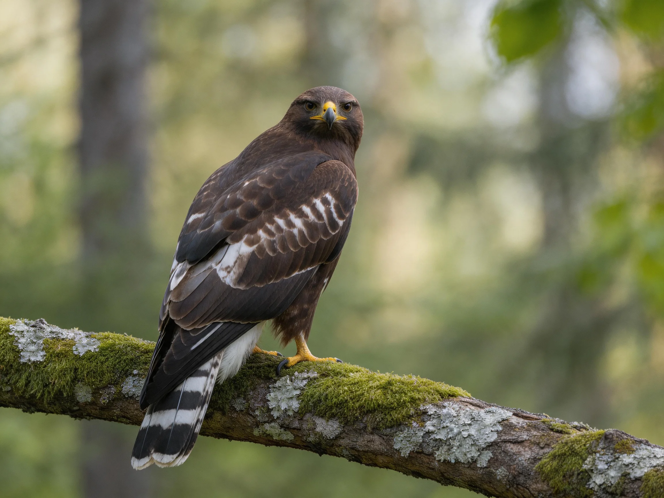 A brown hawk perches on a moss-covered tree branch