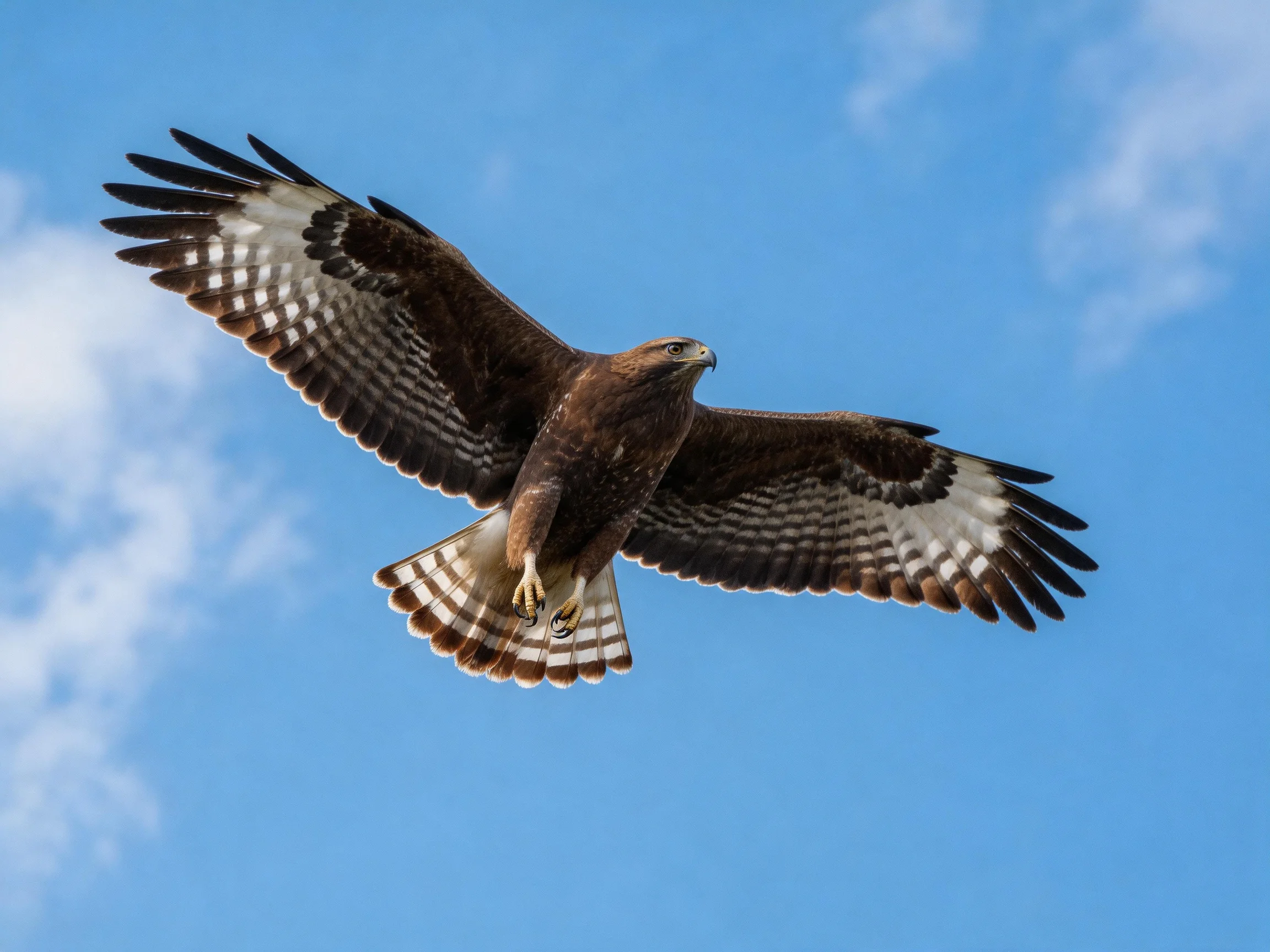 A brown hawk soars with outstretched wings against a clear blue sky