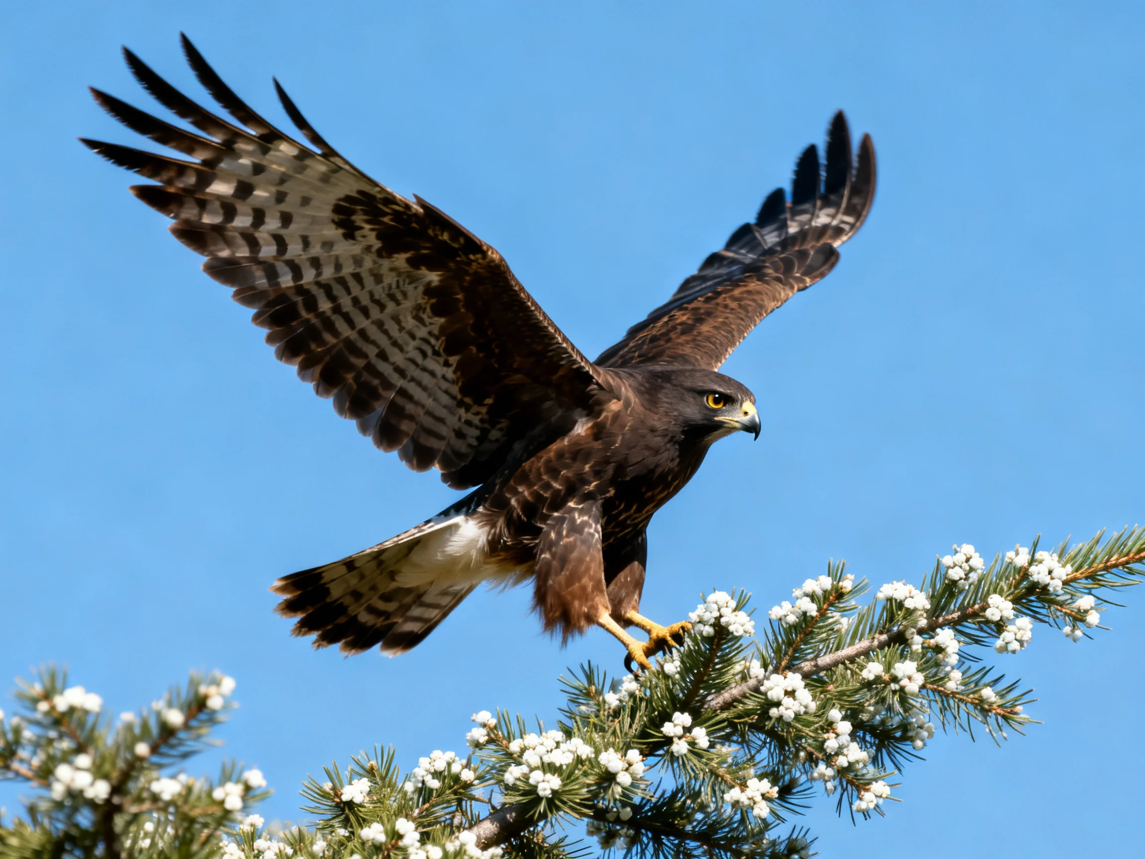 A brown hawk spreads wings on a flowering pine branch