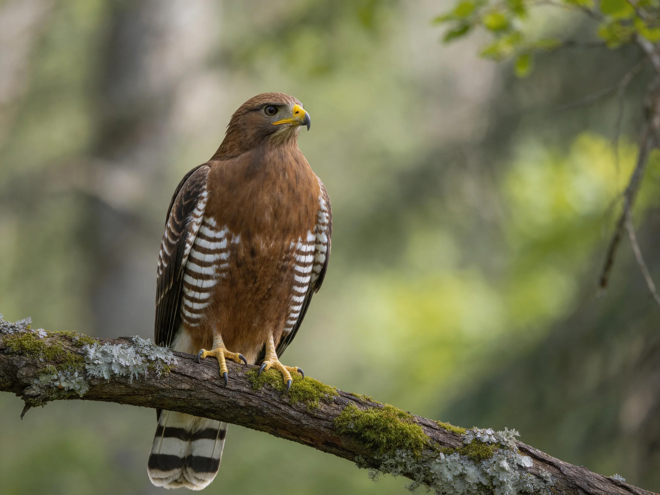 A brown hawk with white-striped wings perches on a mossy branch
