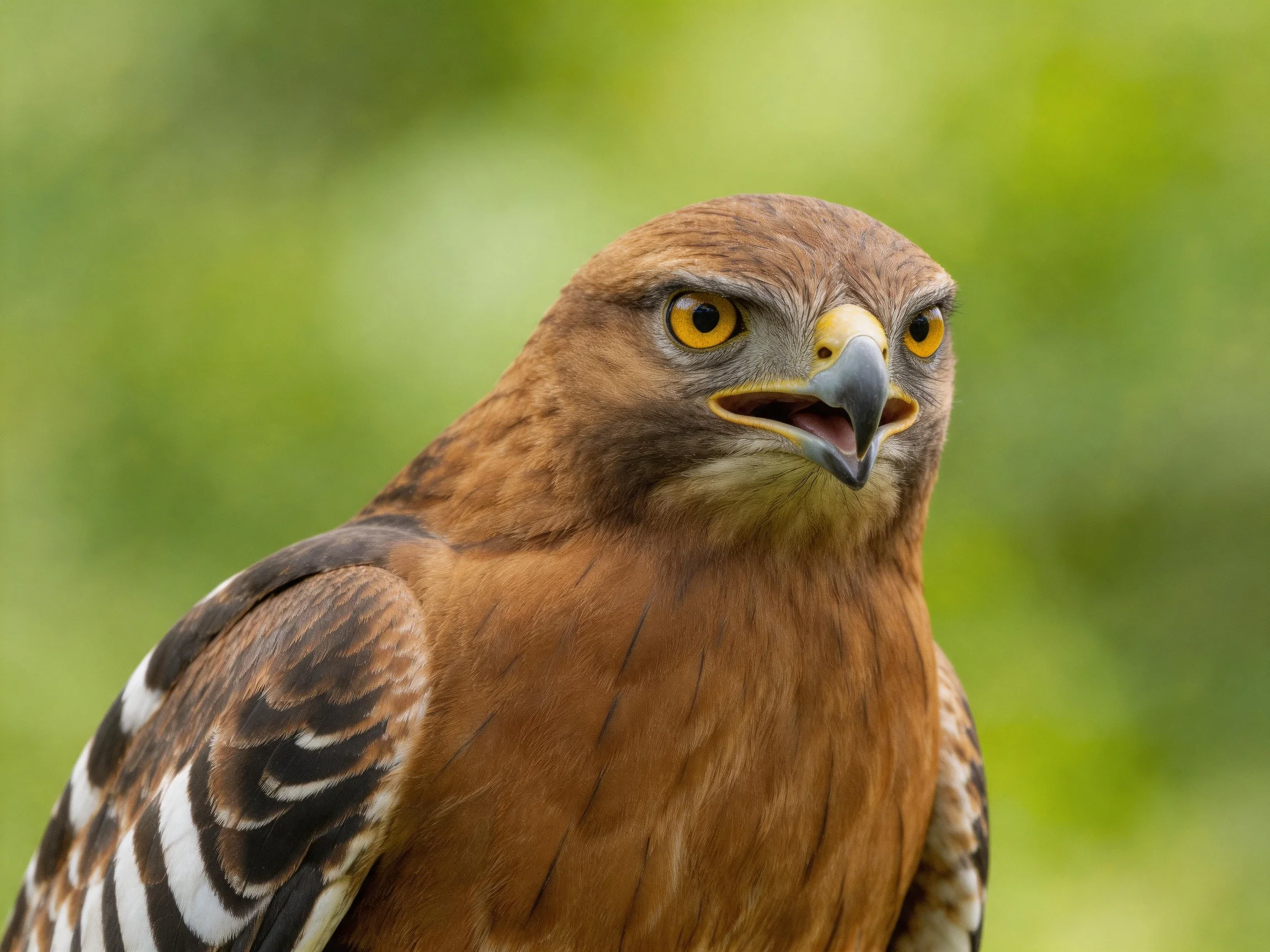 A brown hawk with yellow eyes and patterned wings