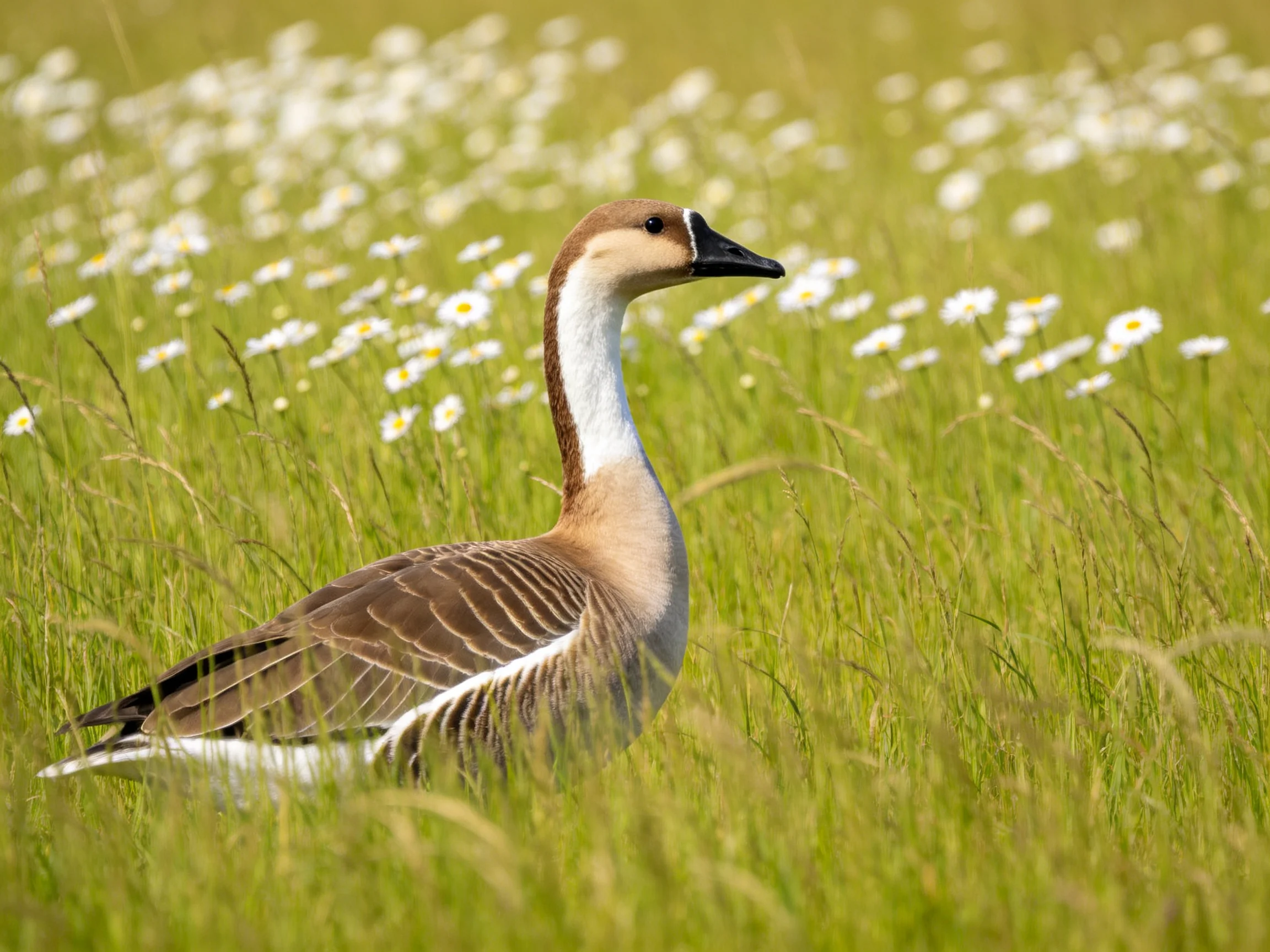 A brown-headed bird in a field of tall green grass and white flowers