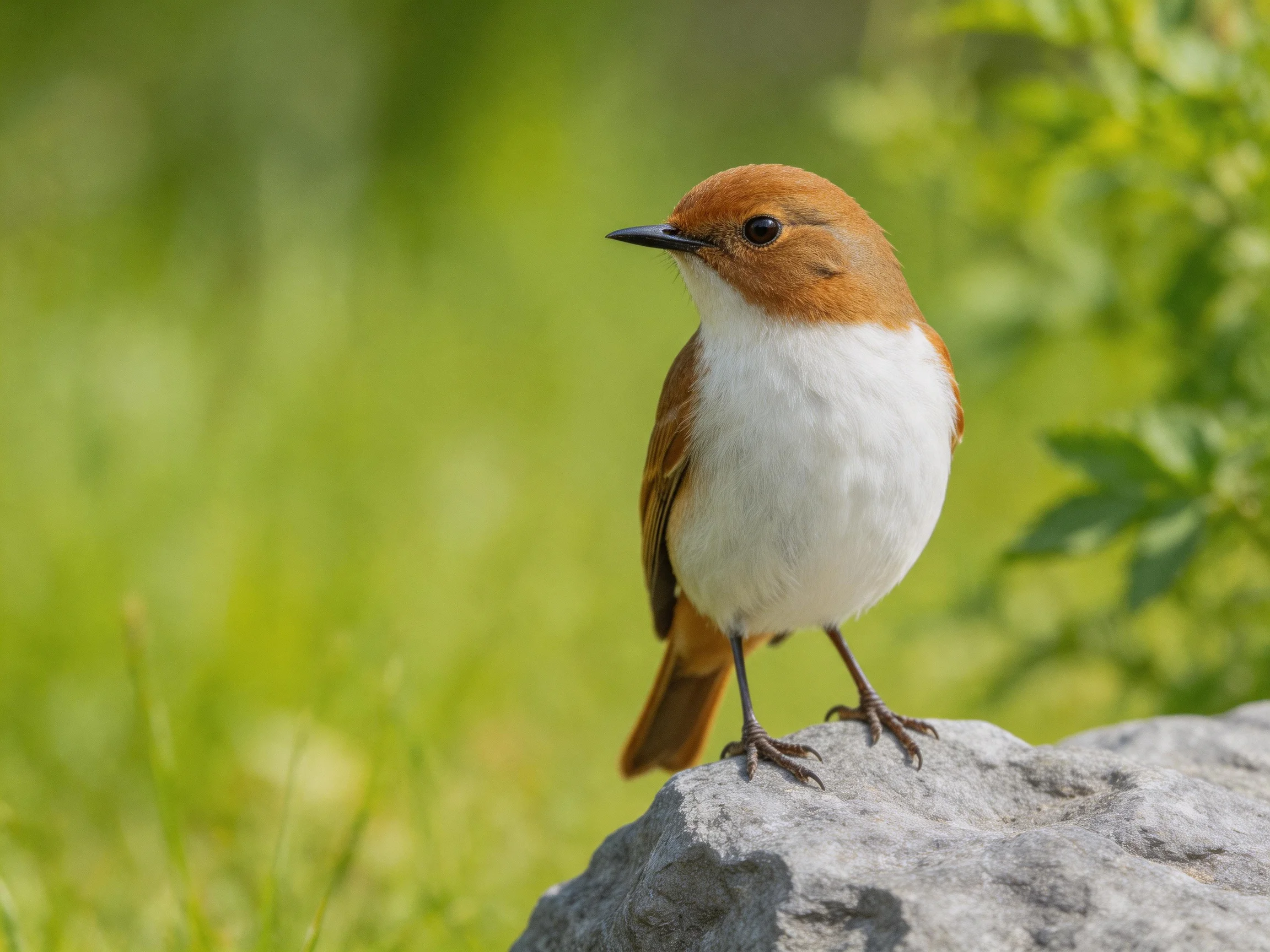 A brown-headed bird perches on a gray rock amid green foliage