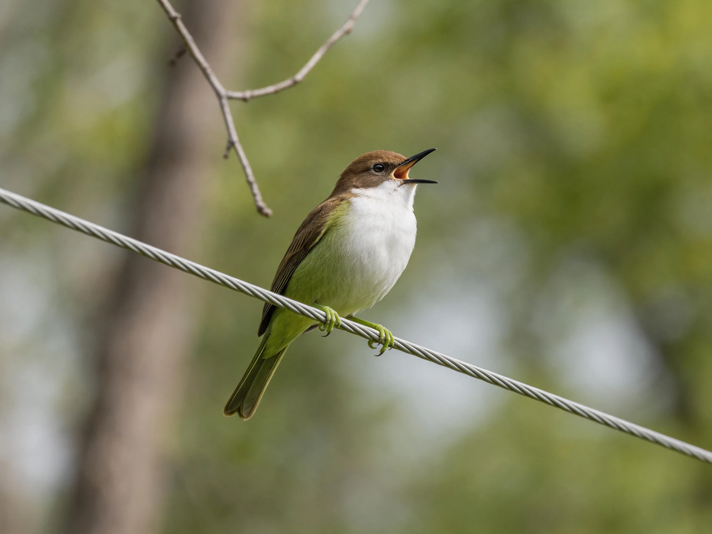 A brown-headed bird sings on a silver wire amidst green foliage