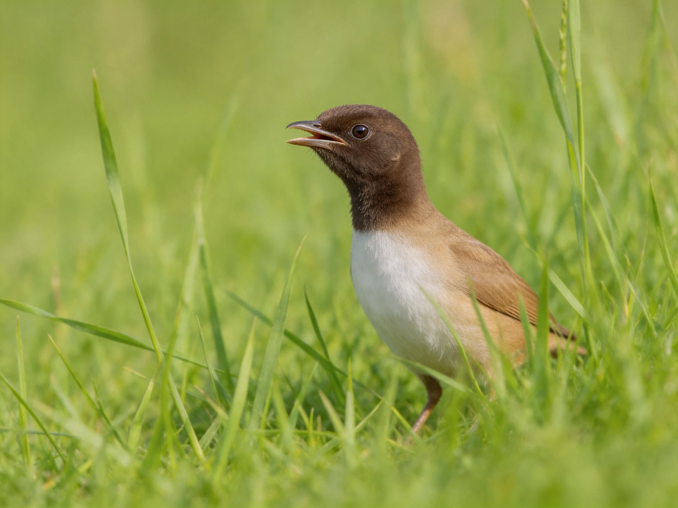 A brown-headed bird stands in lush green grass.