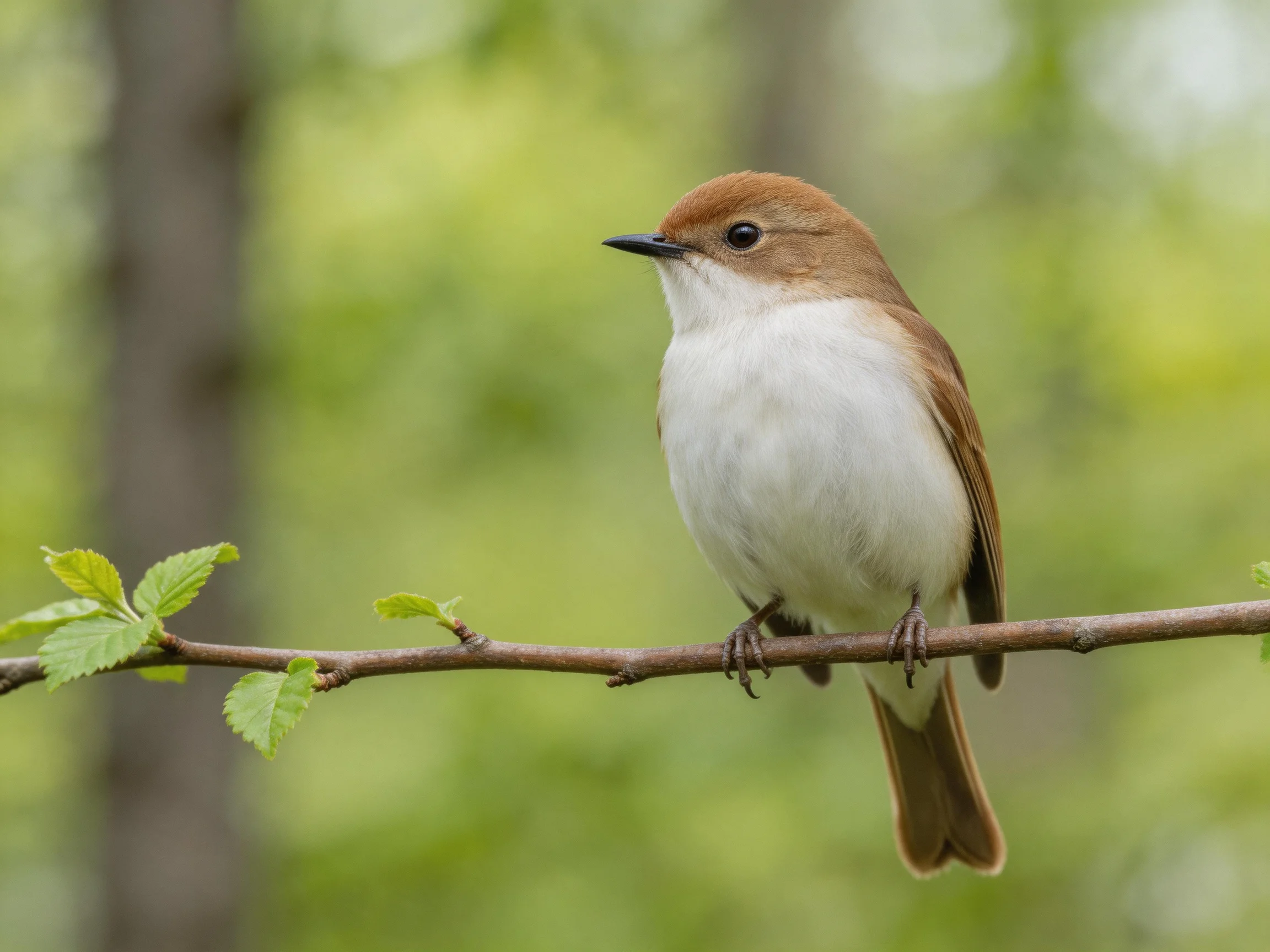 A brown-headed bird with white chest perches on a leafy branch
