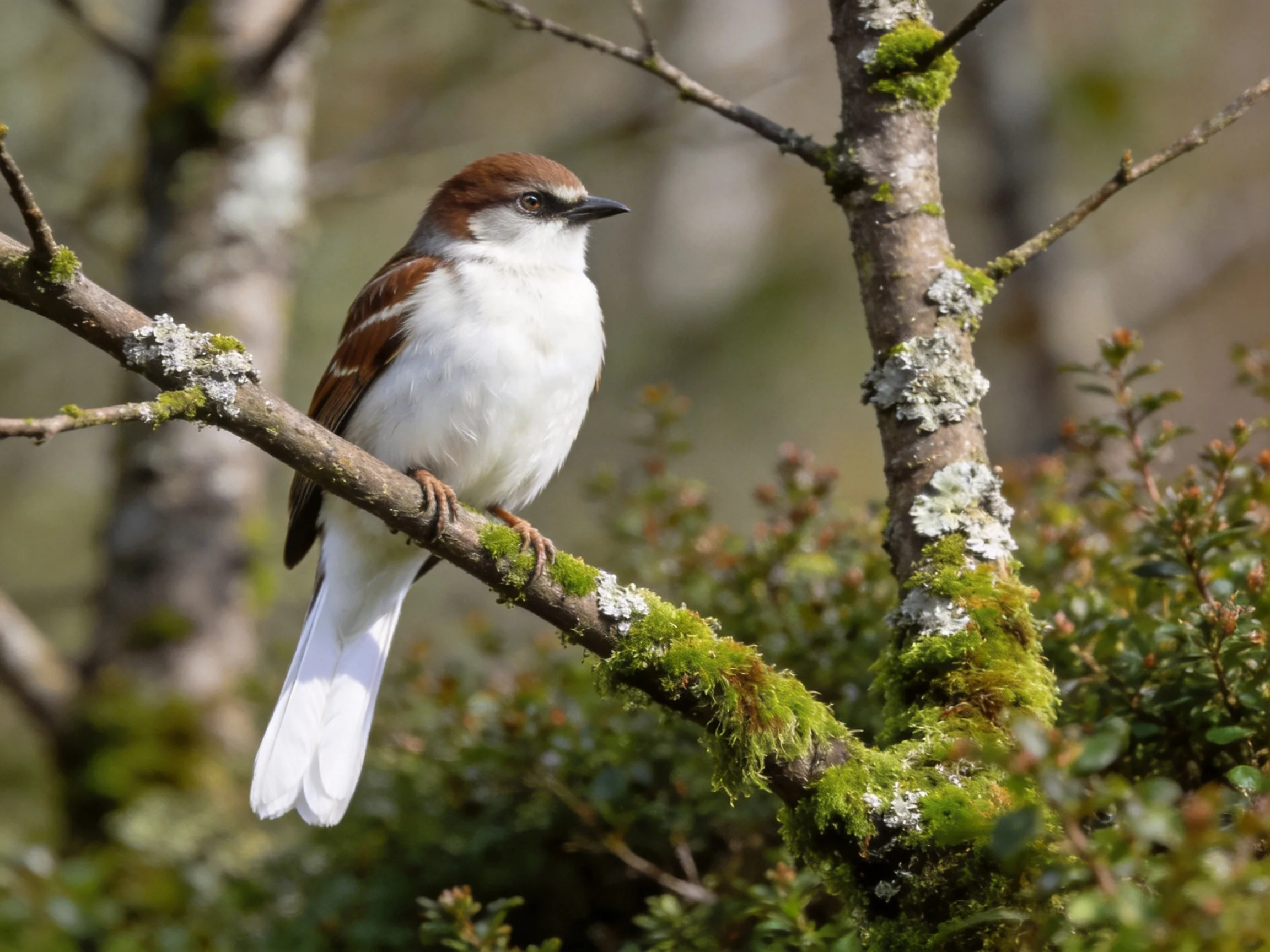 A brown-headed bird with white plumage perches on mossy branches