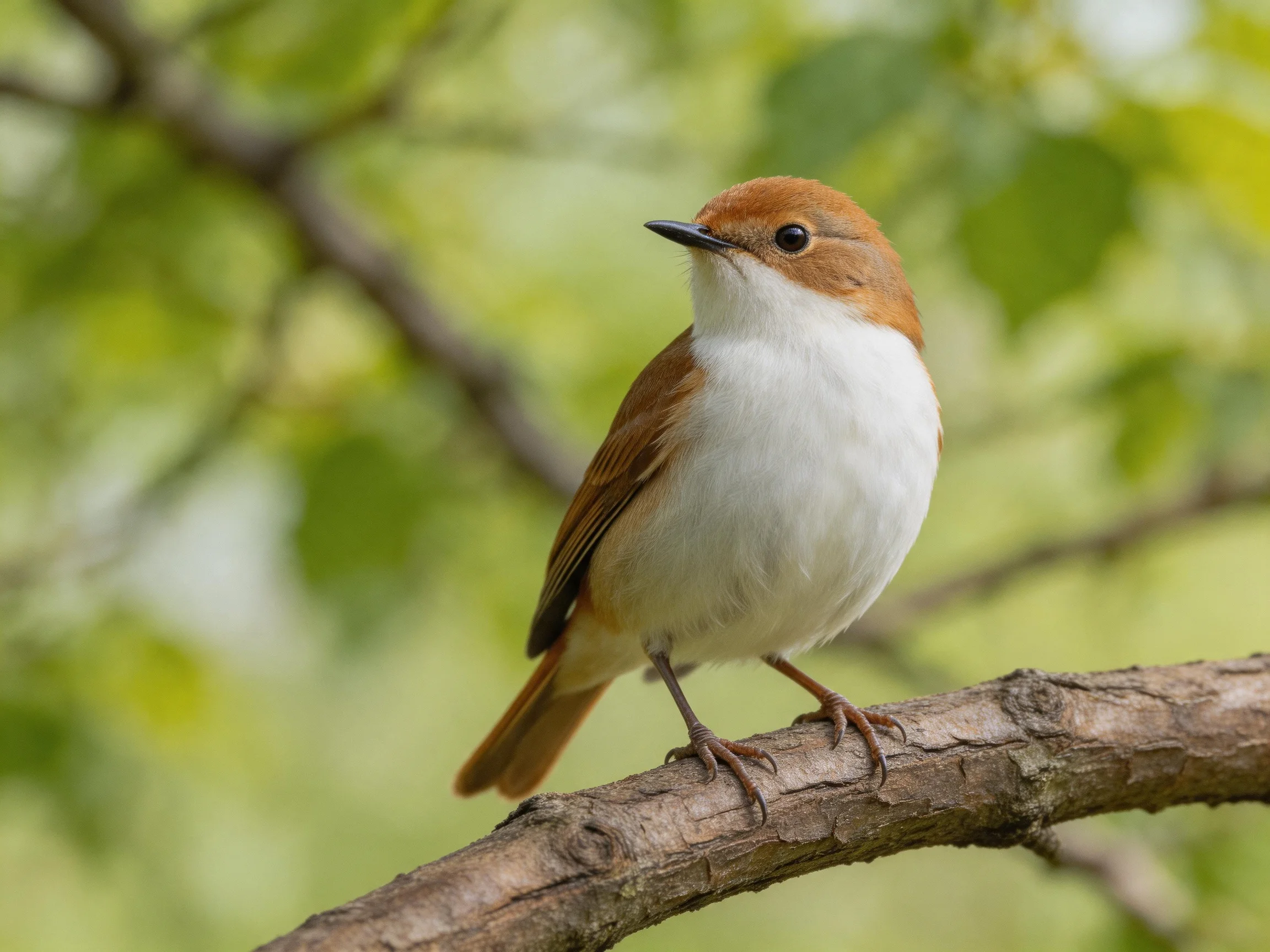 A brown-headed bird with white underparts perches on a tree branch.