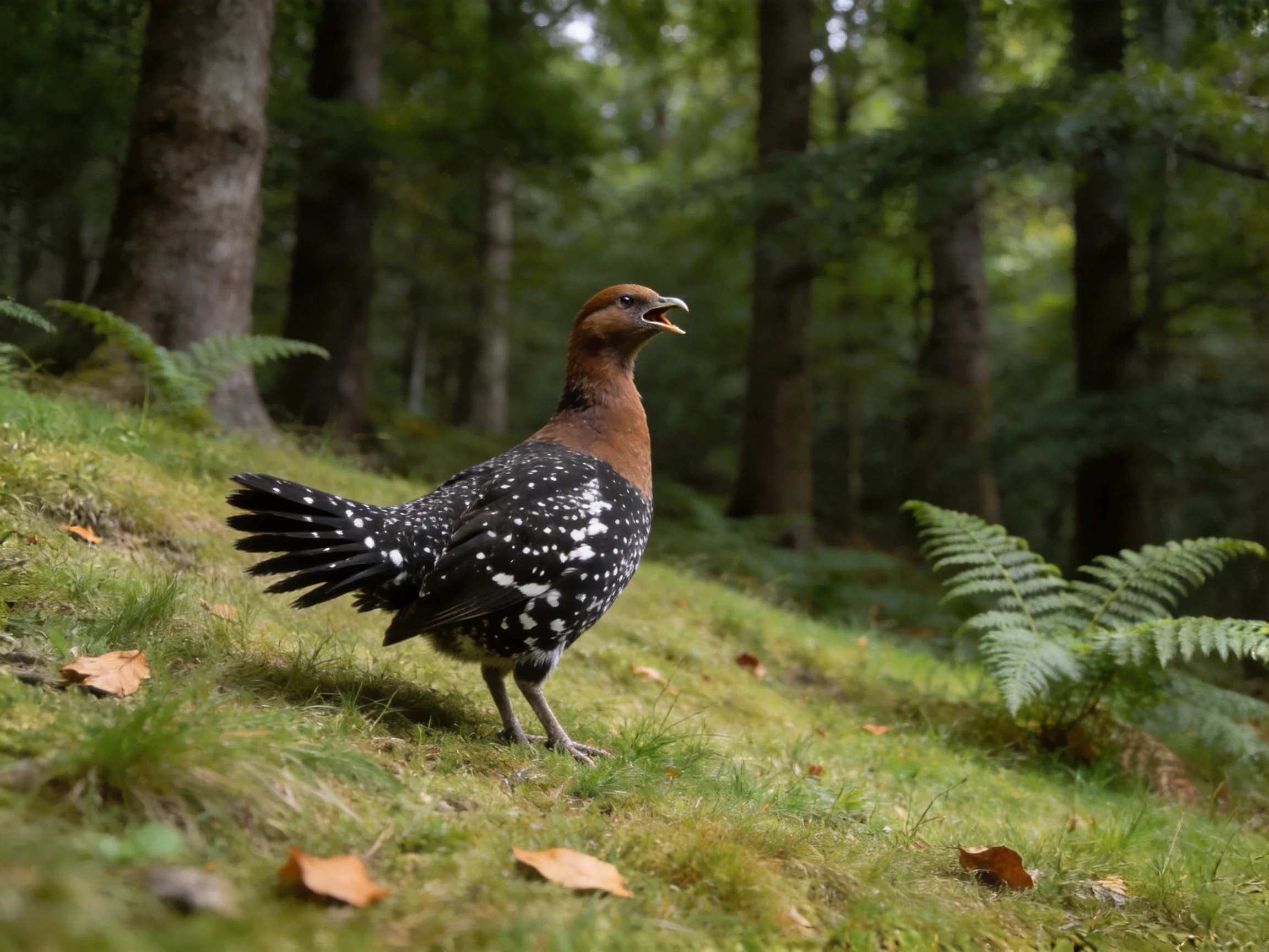 A brown-headed, black-spotted bird on mossy forest ground
