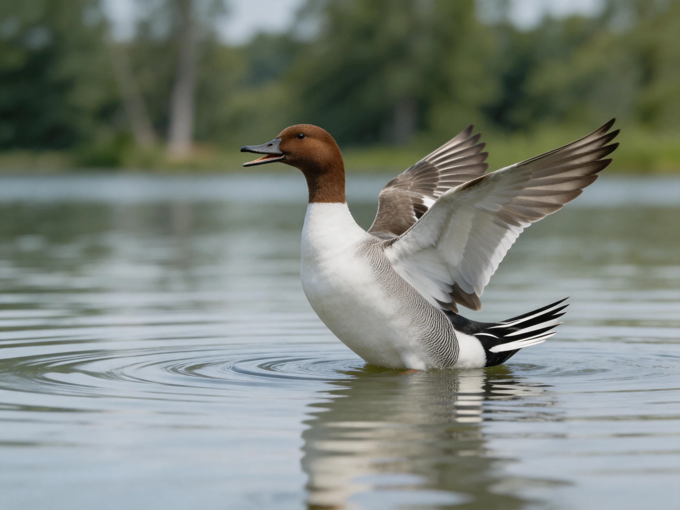 A brown-headed duck flaps wings in calm water near greenery
