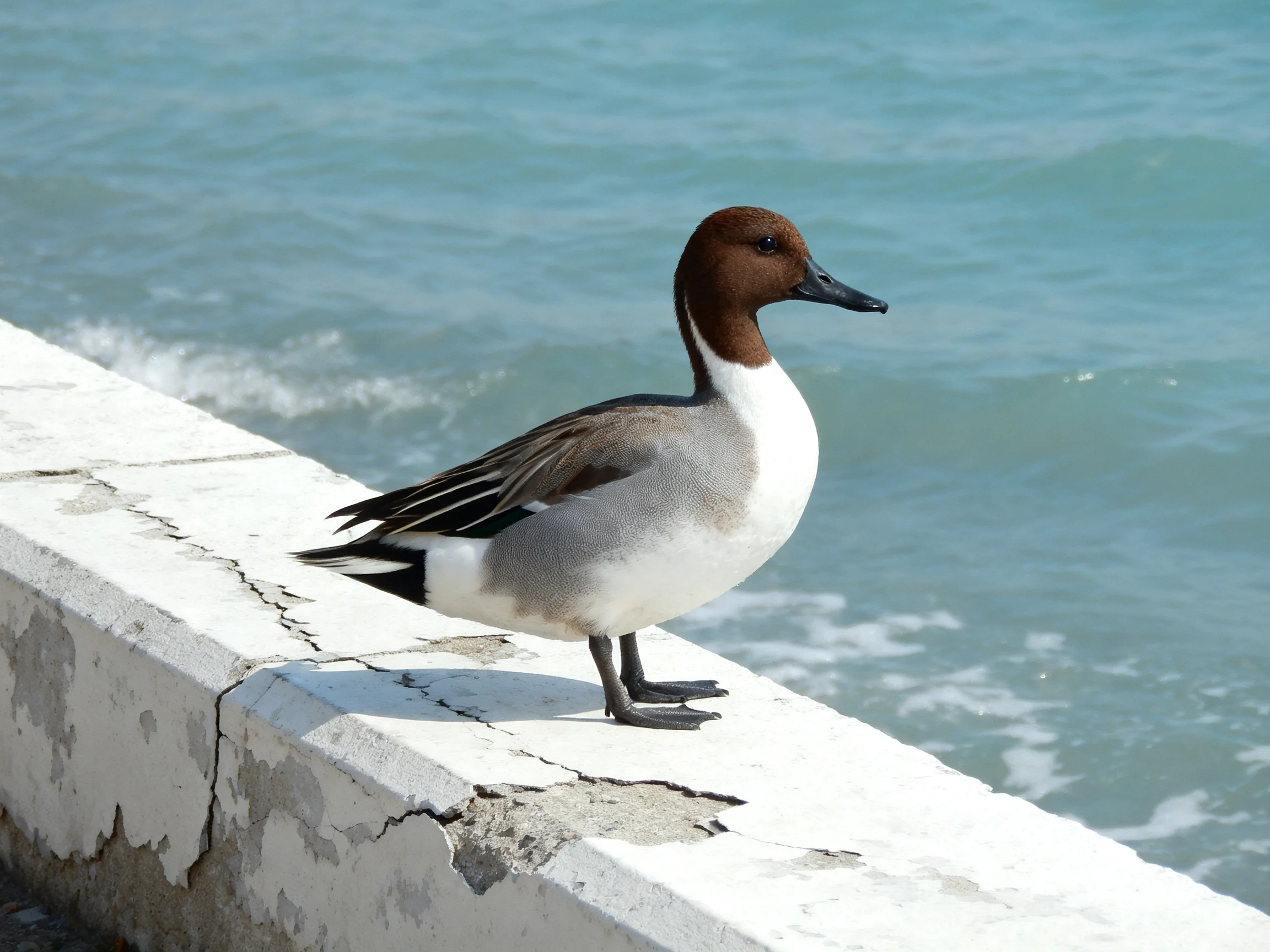 A brown-headed duck perched on a cracked white ledge by turquoise water
