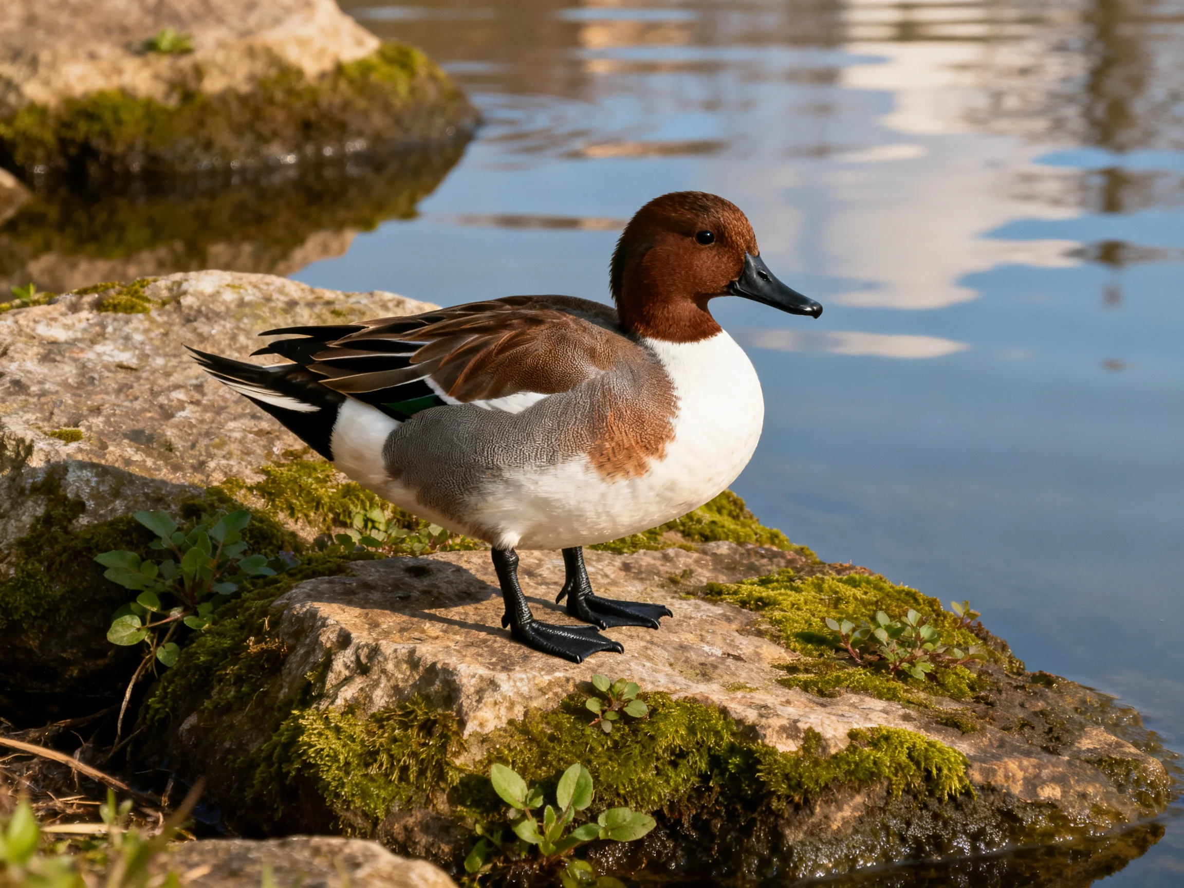 A brown-headed duck perches on mossy rocks by calm water