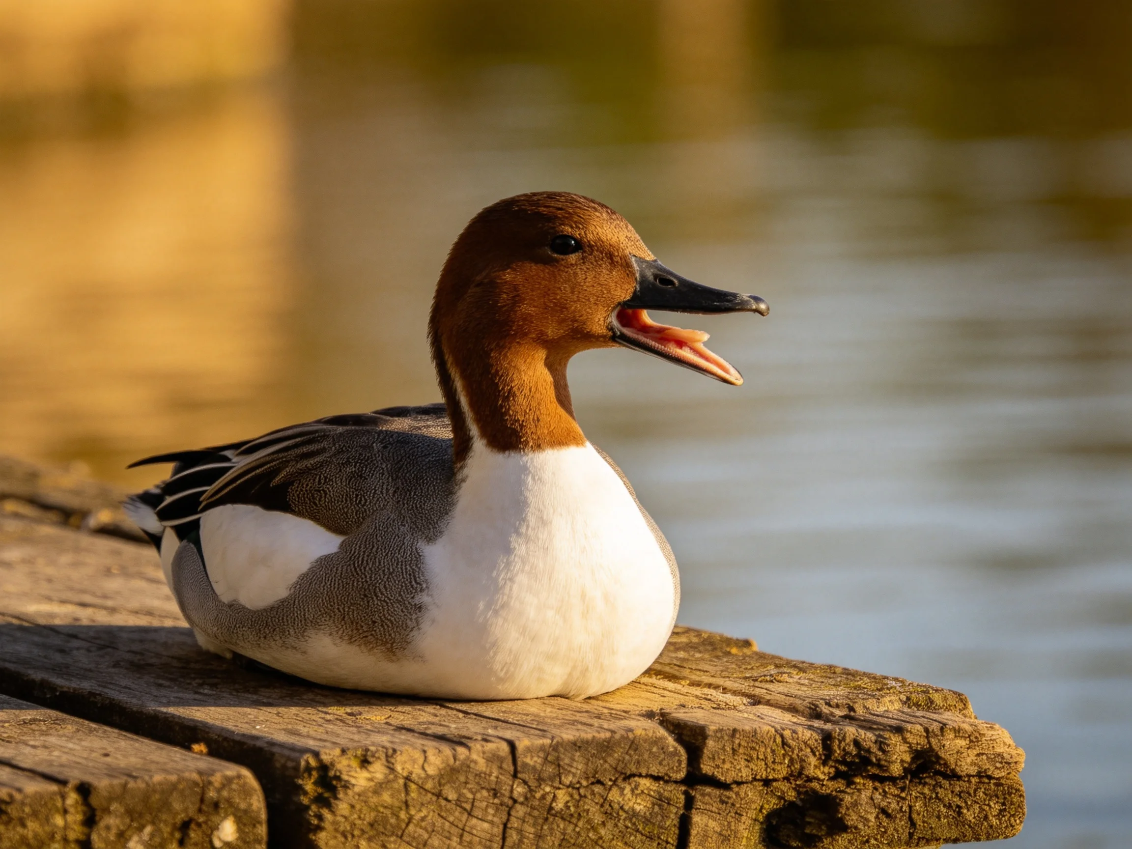 A brown-headed duck rests on weathered wood by calm water