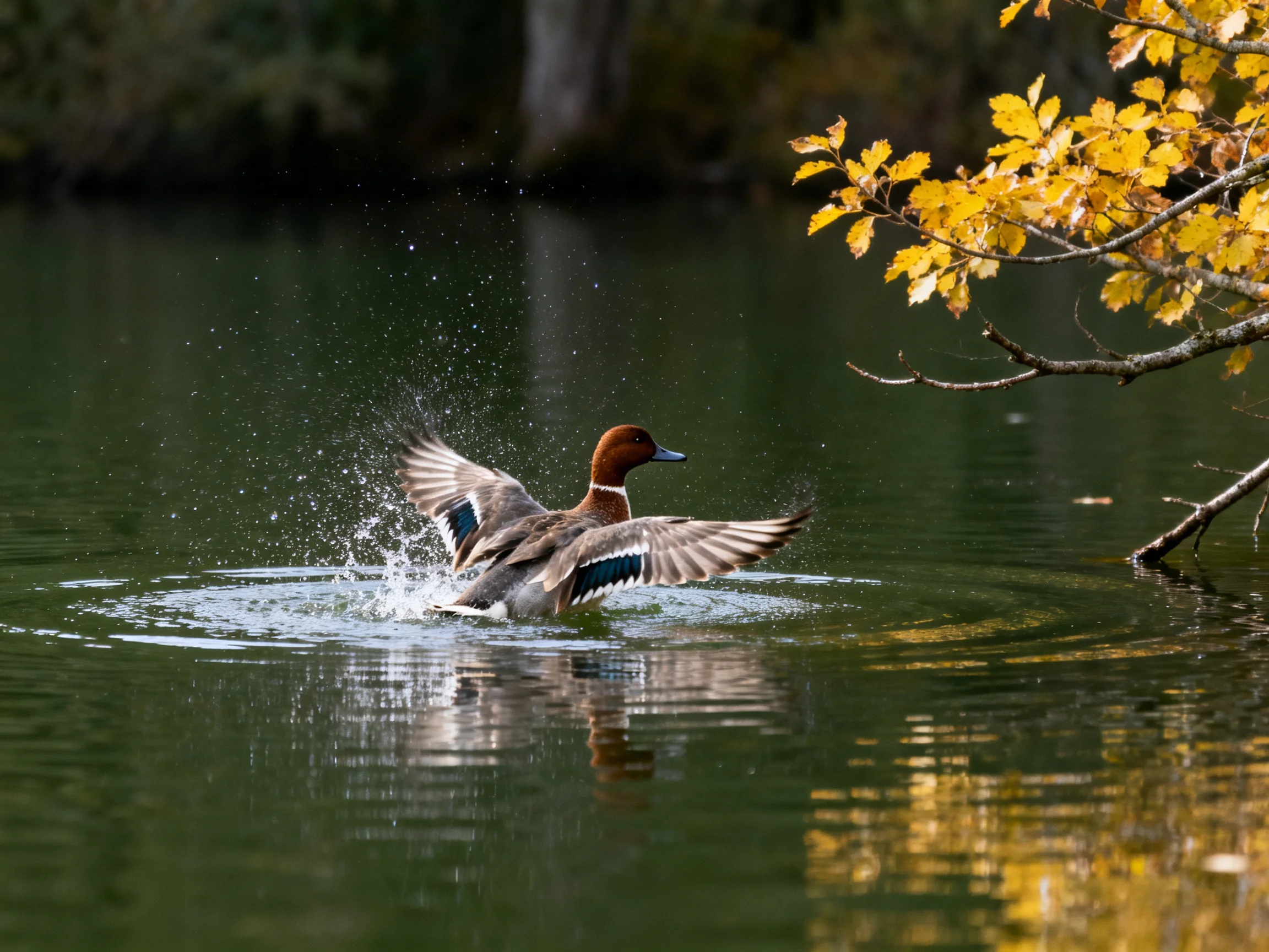 A brown-headed duck splashing in green water near golden-leaved branches