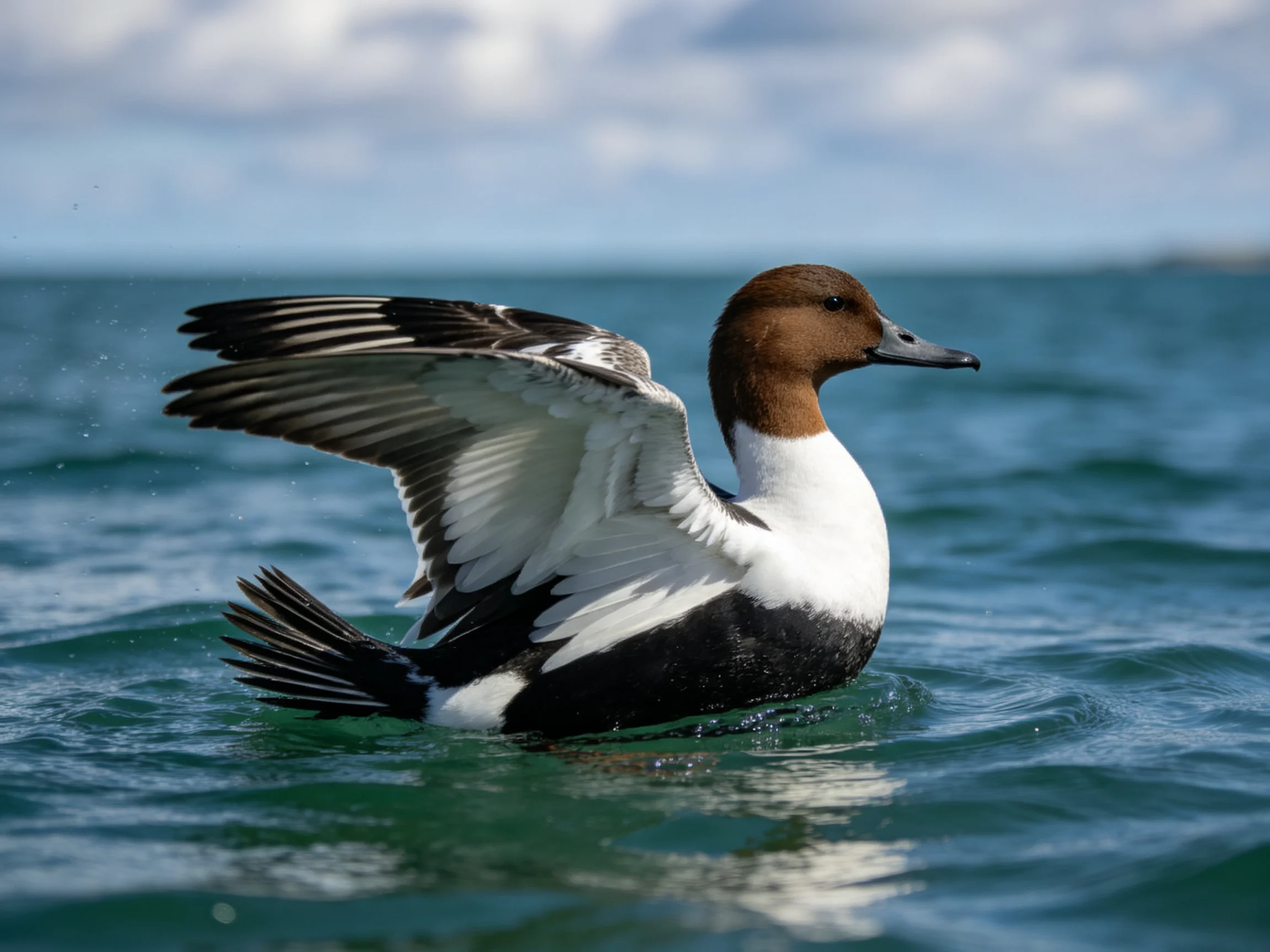 A brown-headed duck spreads wings over turquoise ocean water