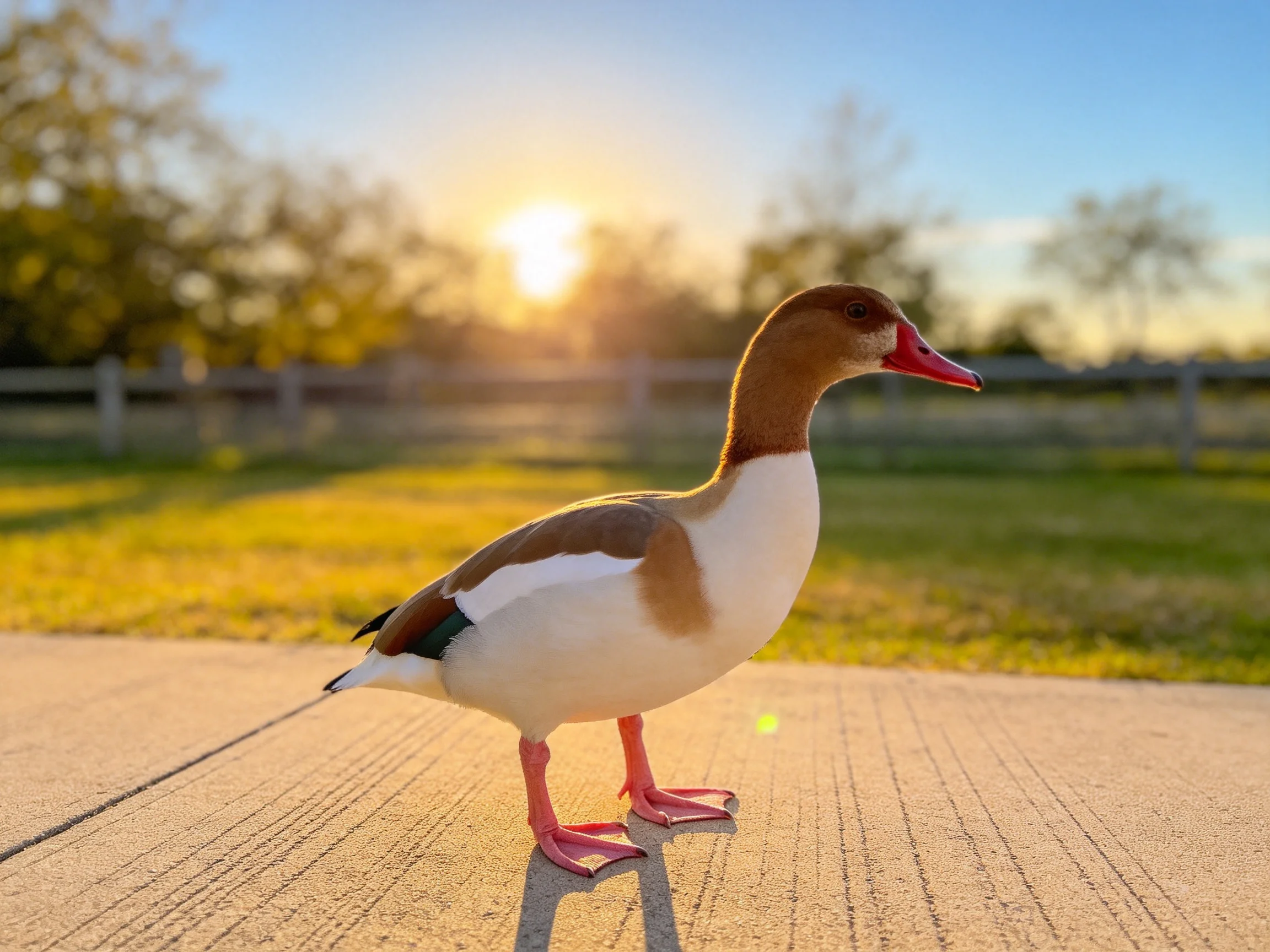 A brown-headed duck stands on a concrete path during golden hour