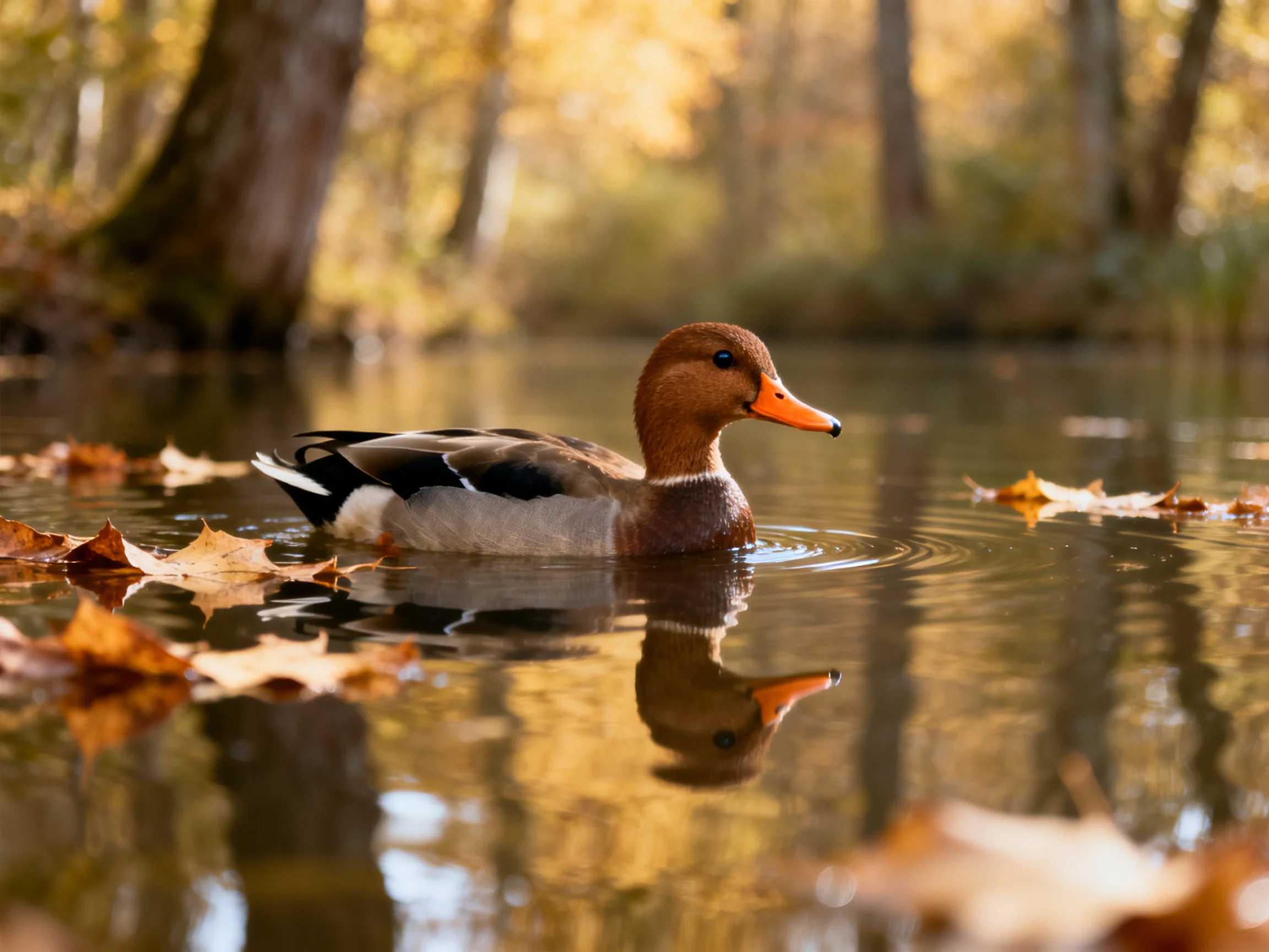 A brown-headed duck swims amid autumn leaves in calm water