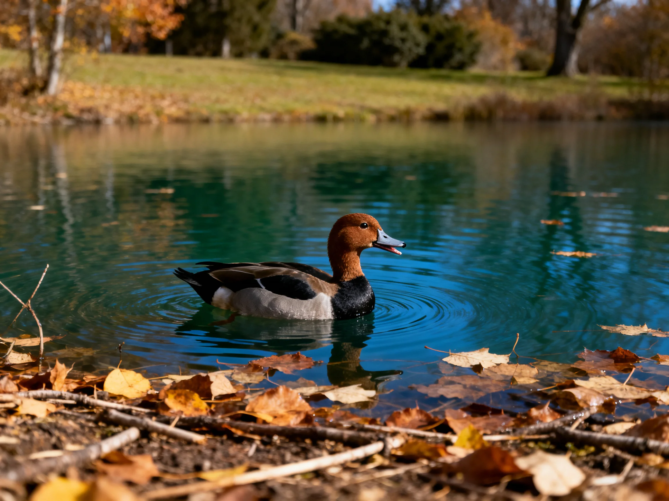 A brown-headed duck swims in a turquoise pond with autumn leaves