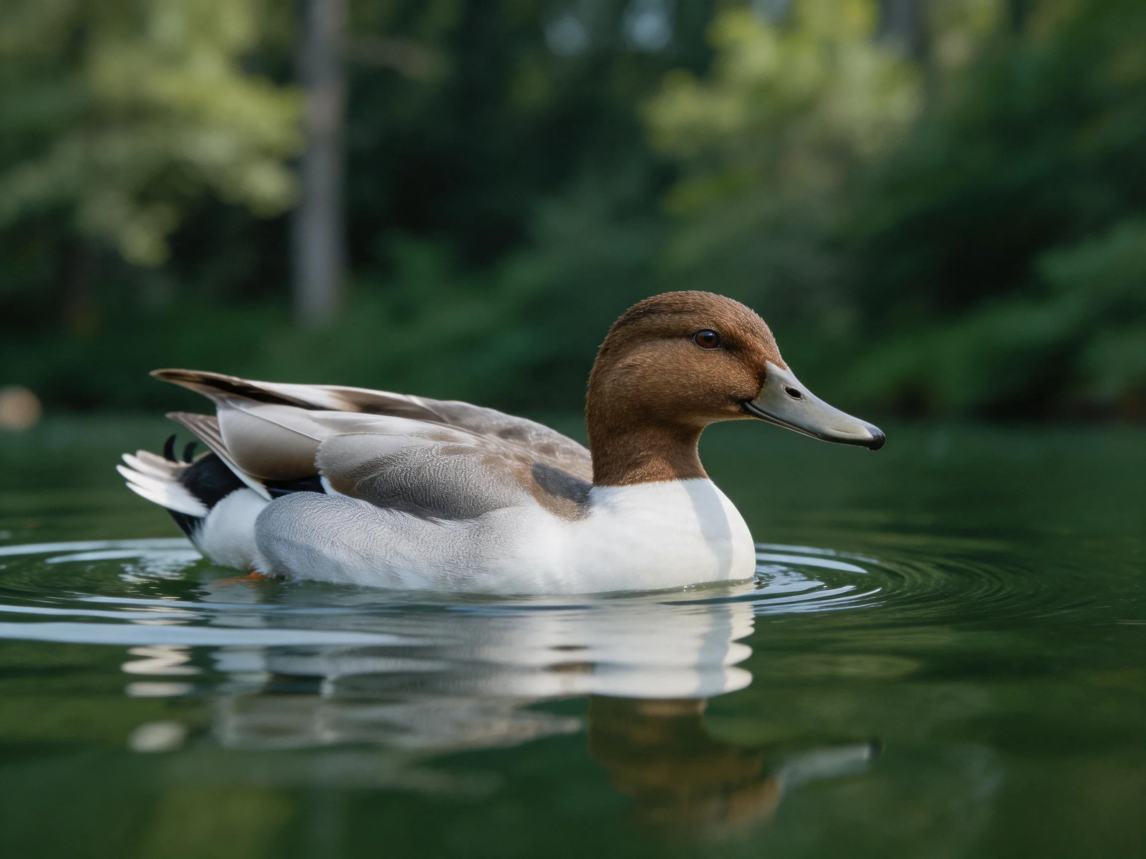 A brown-headed duck swims in calm green water near forested areas.