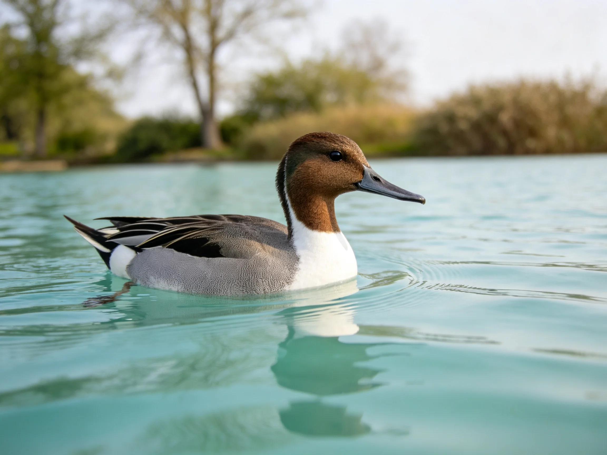 A brown-headed duck swims in calm turquoise water with greenery in the background.