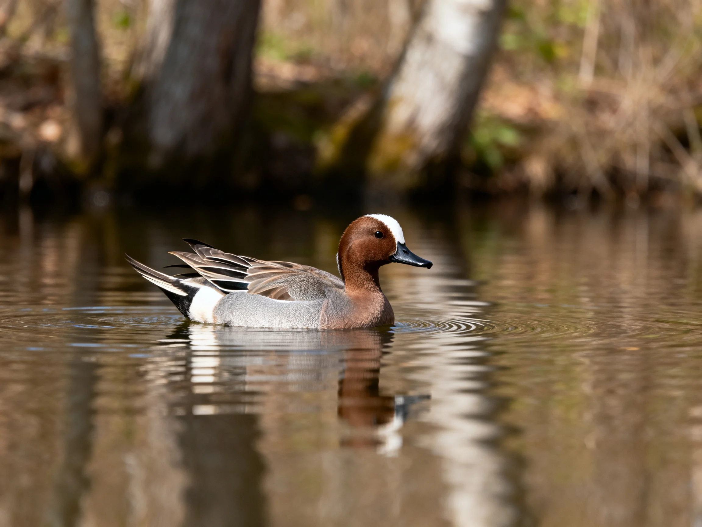 A brown-headed duck swims in calm waters near tree trunks