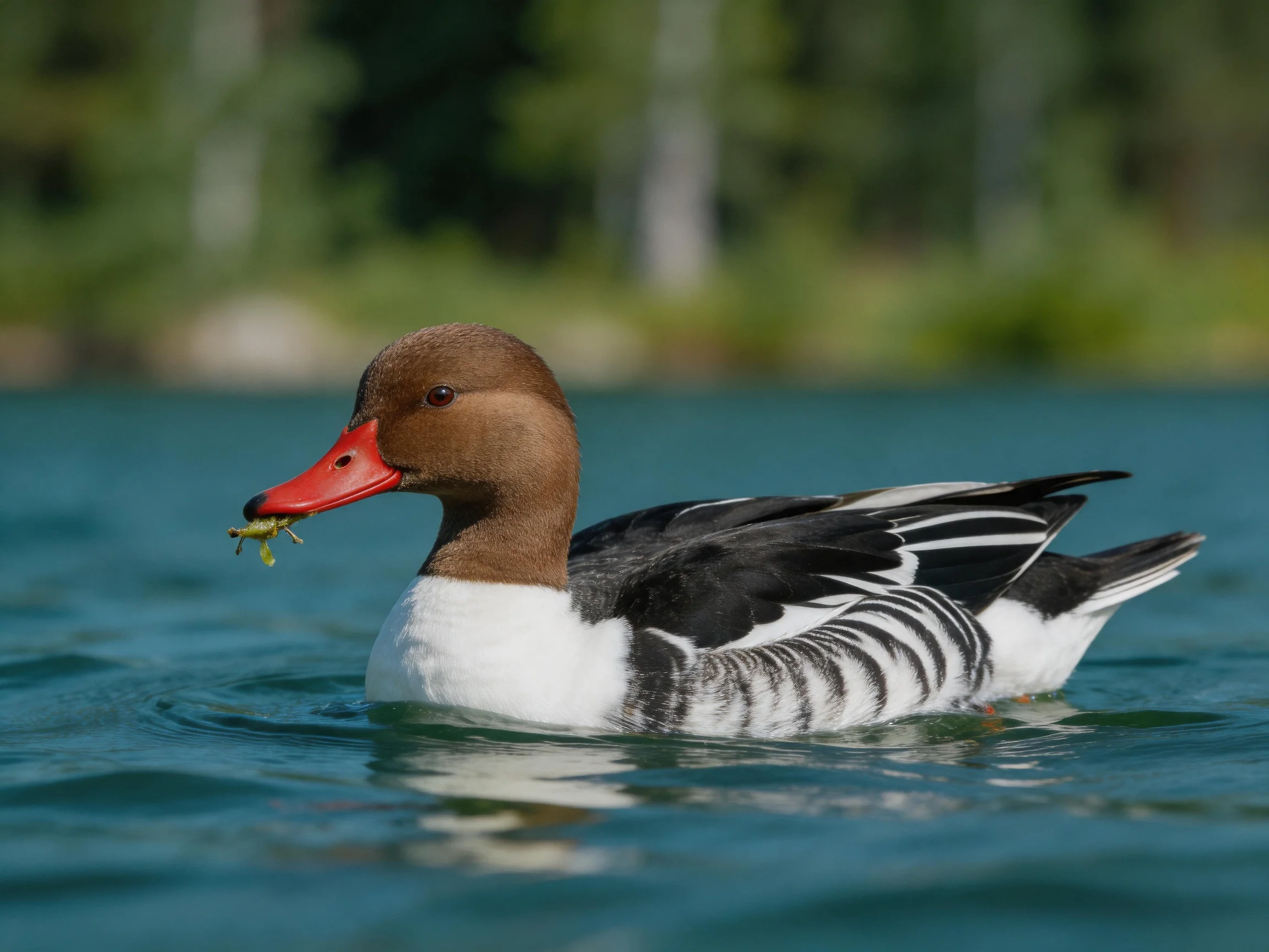 A brown-headed duck swims in clear blue water with black and white patterned wings