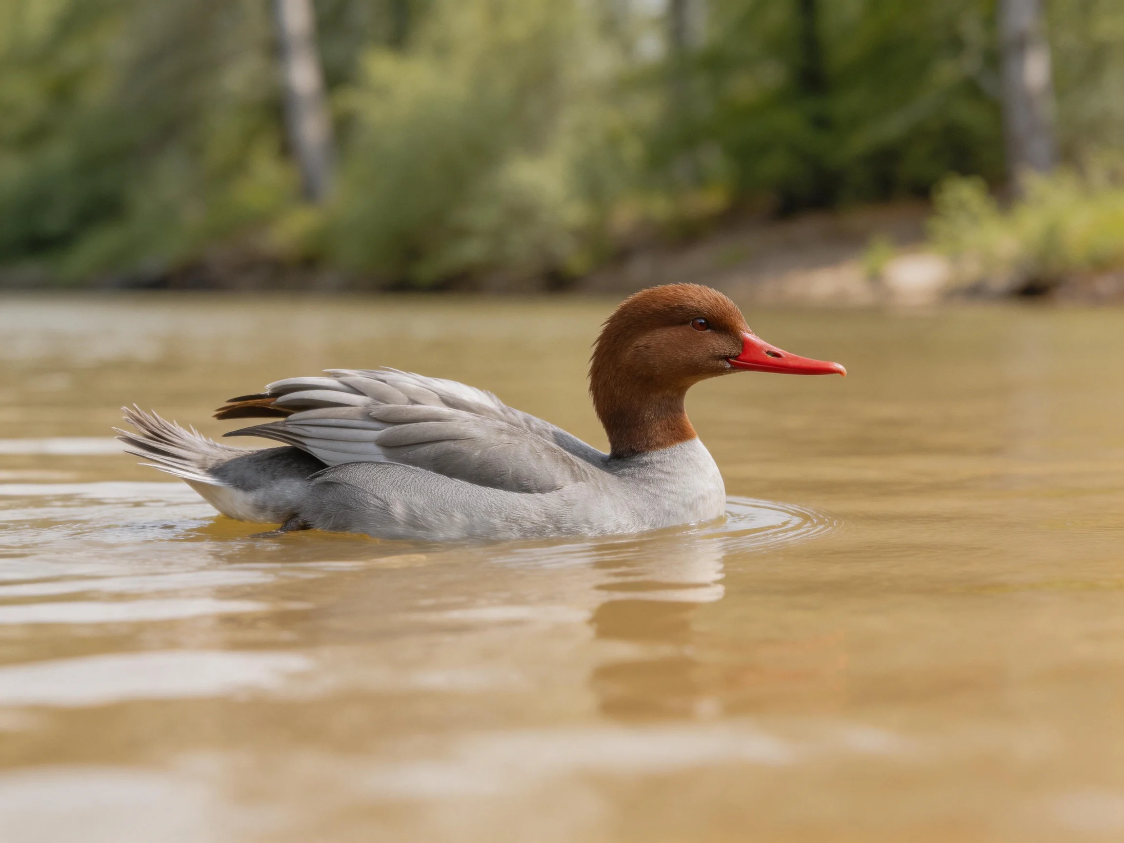 A brown-headed duck swims in murky, earth-toned water