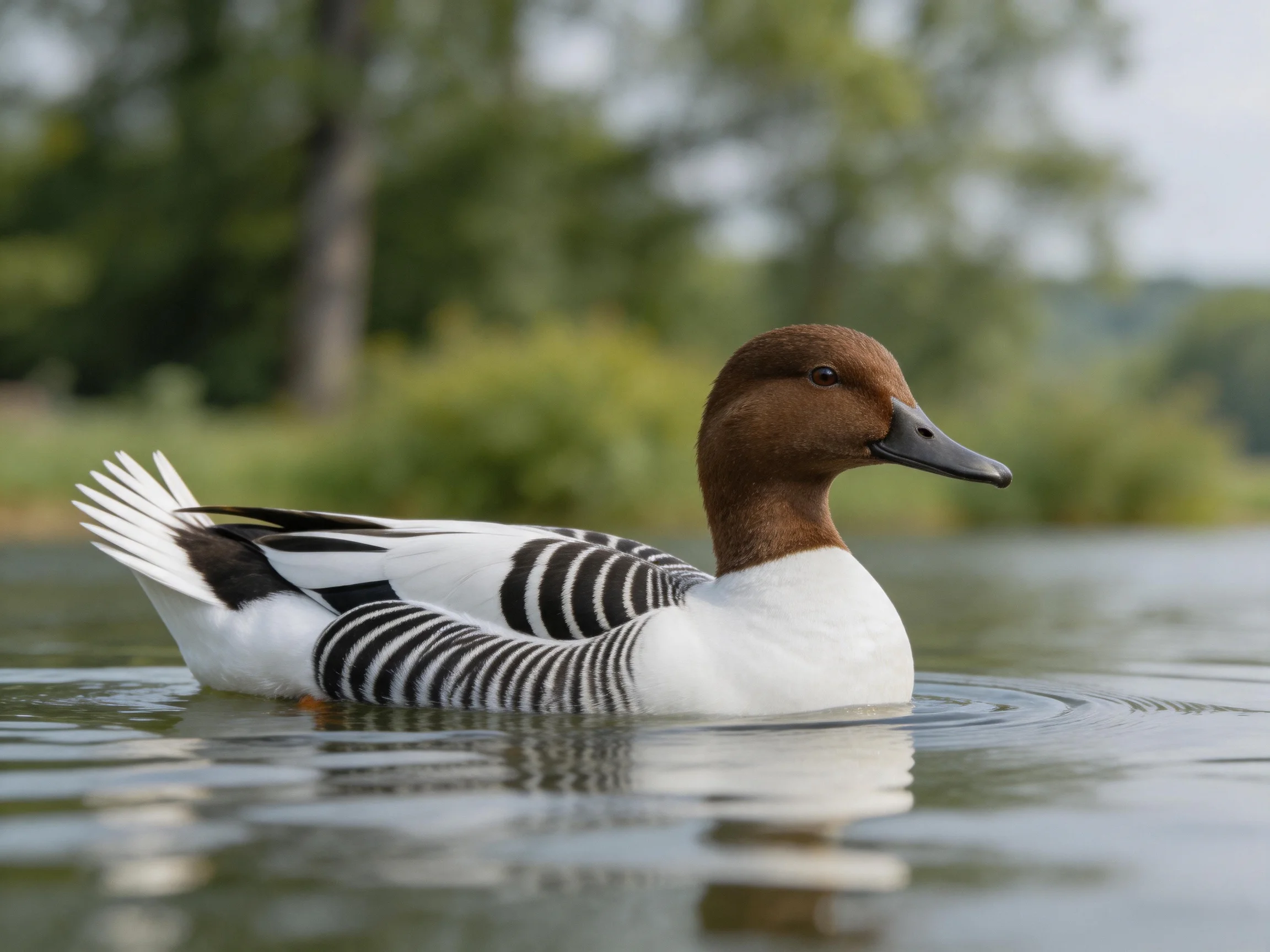 A brown-headed duck swims in rippling water near green foliage