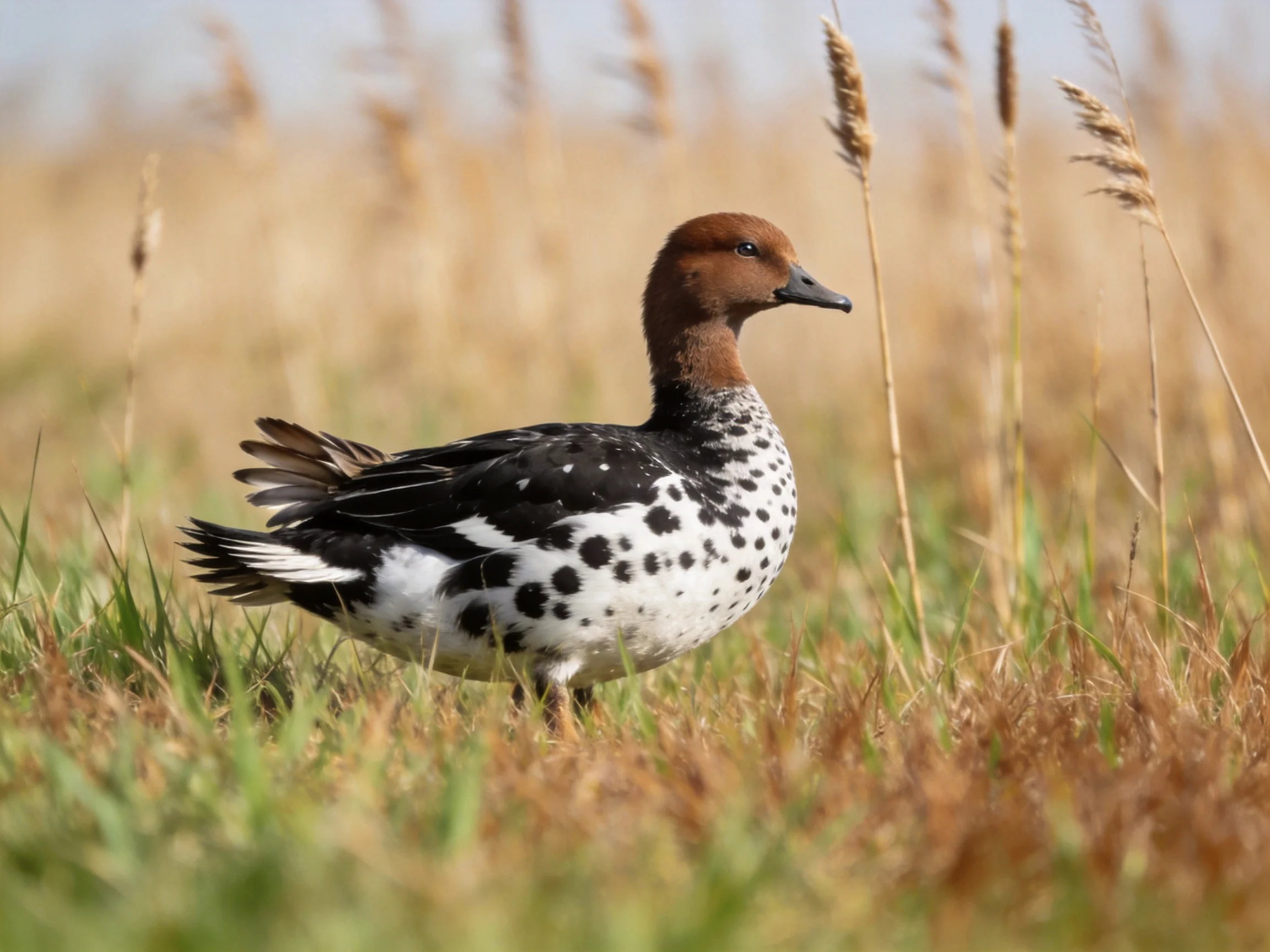 A brown-headed duck with black and white plumage in tall grass