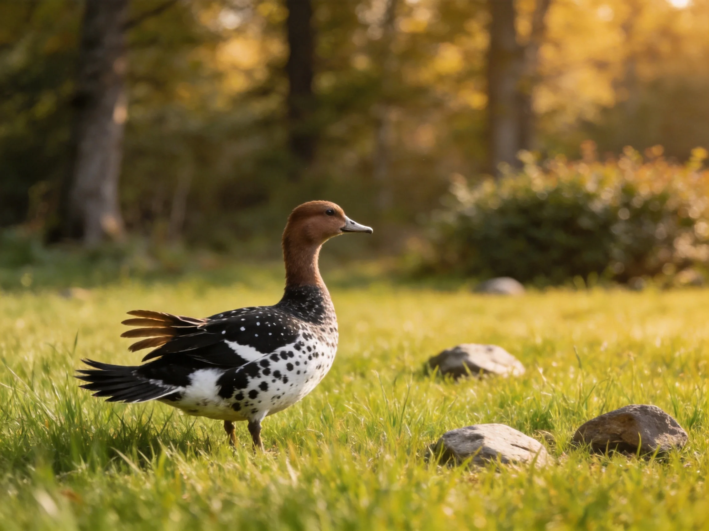 A brown-headed duck with black and white plumage on grassy terrain