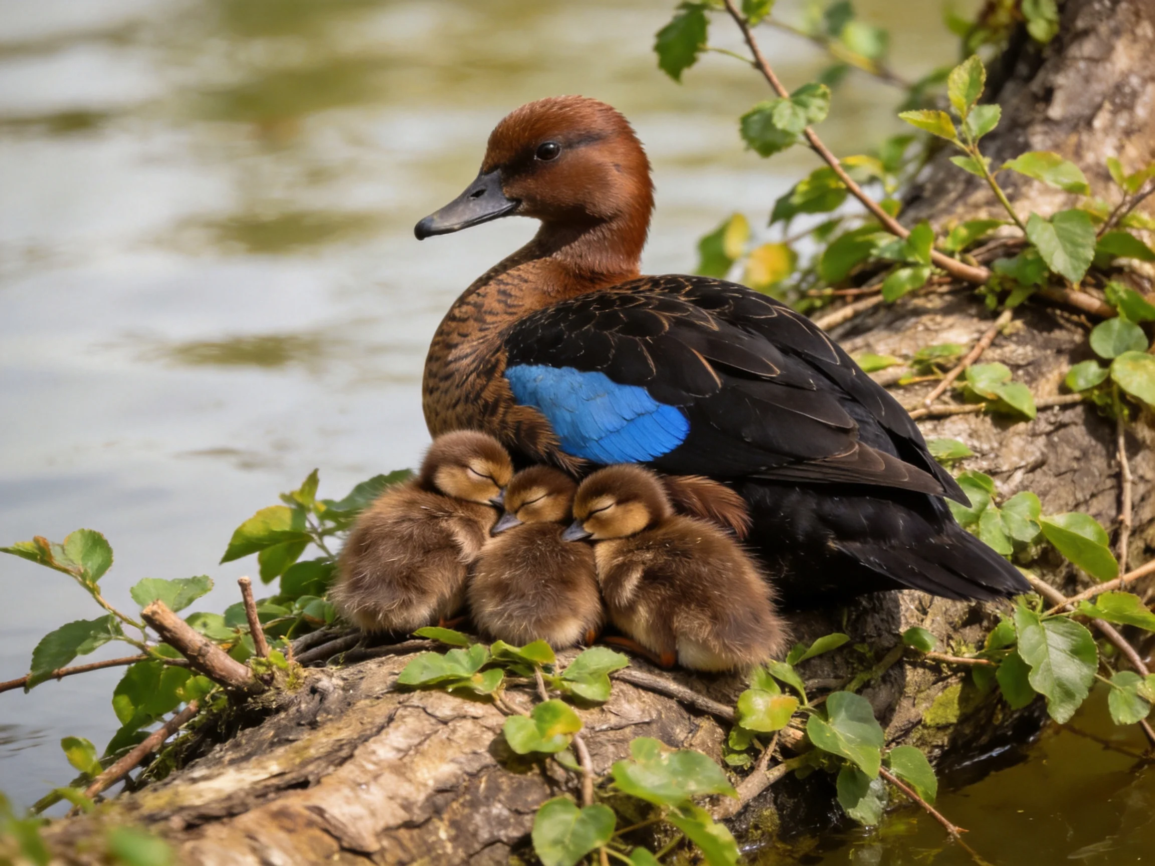 A brown-headed duck with blue wing sits near three ducklings by water