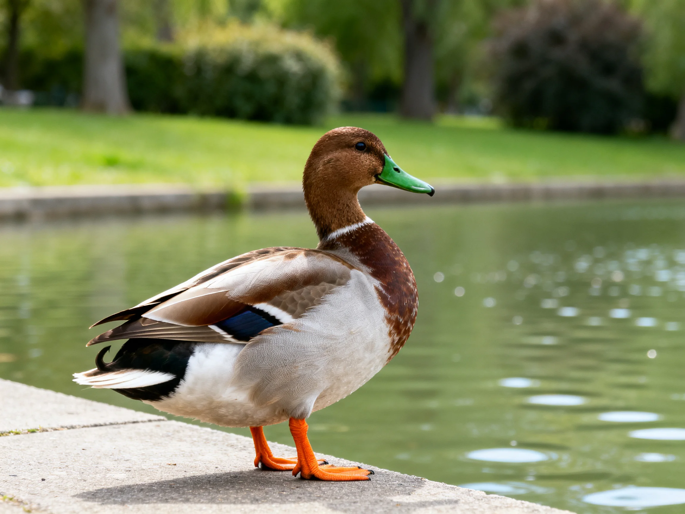A brown-headed duck with green beak and orange feet by calm water
