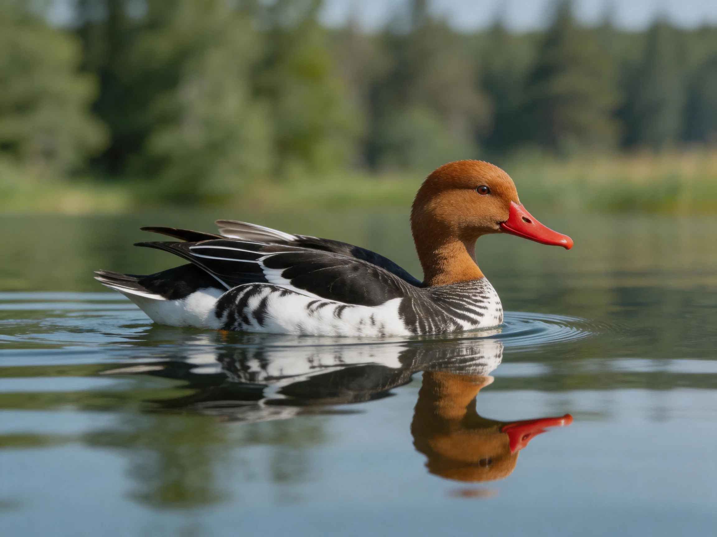A brown-headed duck with red beak gliding on calm water