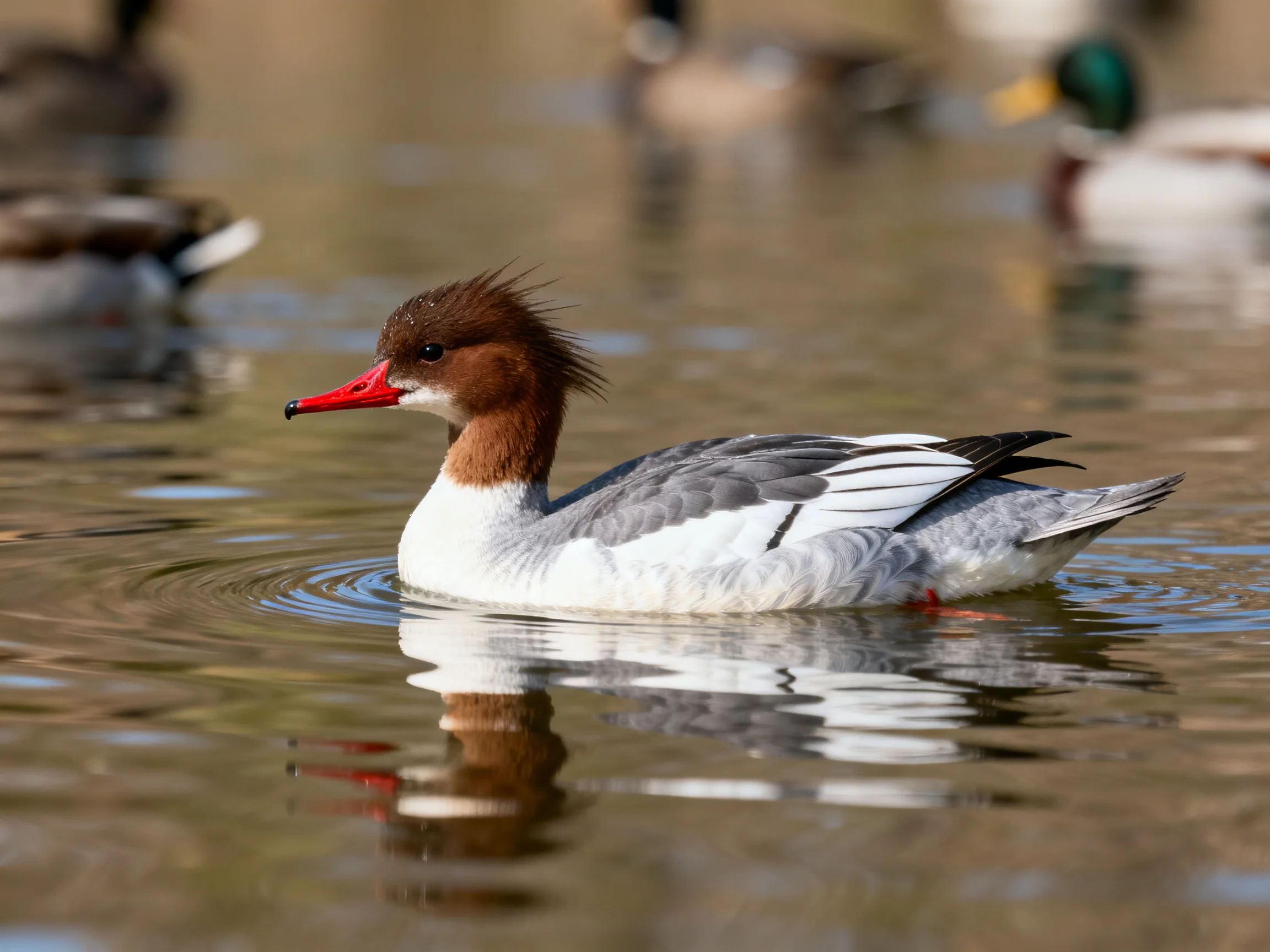 A brown-headed duck with red beak swims among waterfowl