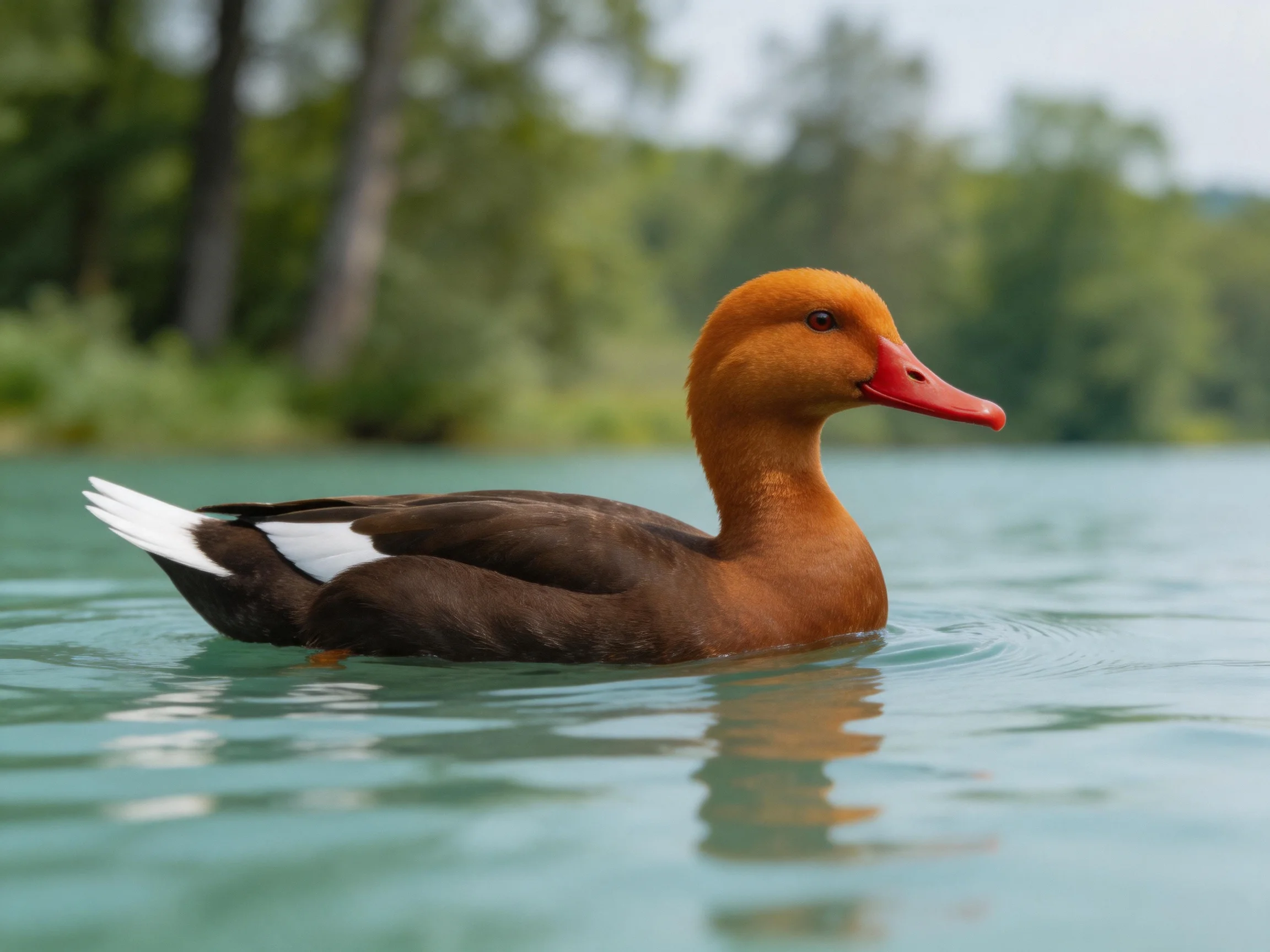 A brown-headed duck with red beak swims in turquoise water