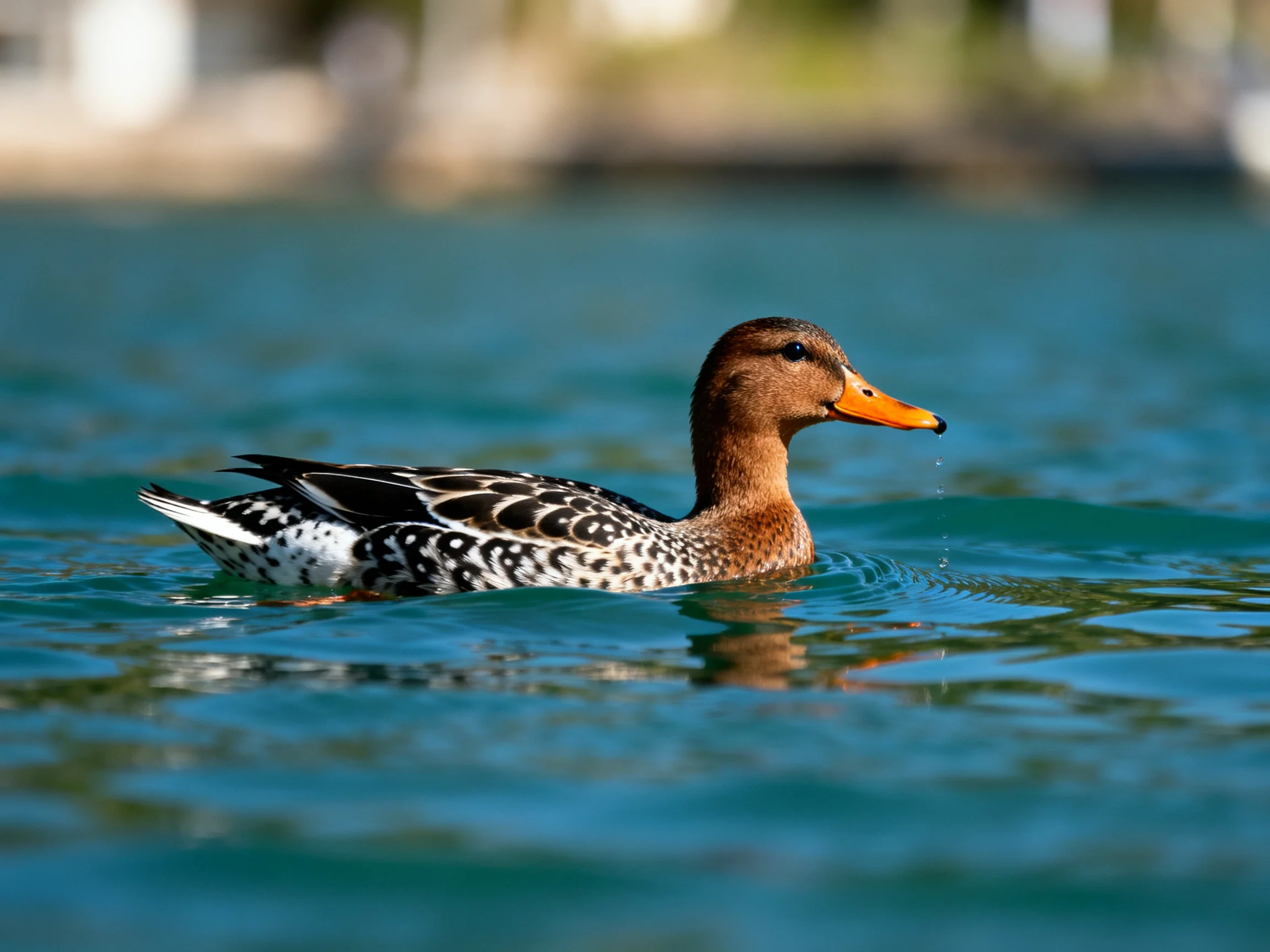 A brown-headed duck with spotted plumage swims in turquoise water