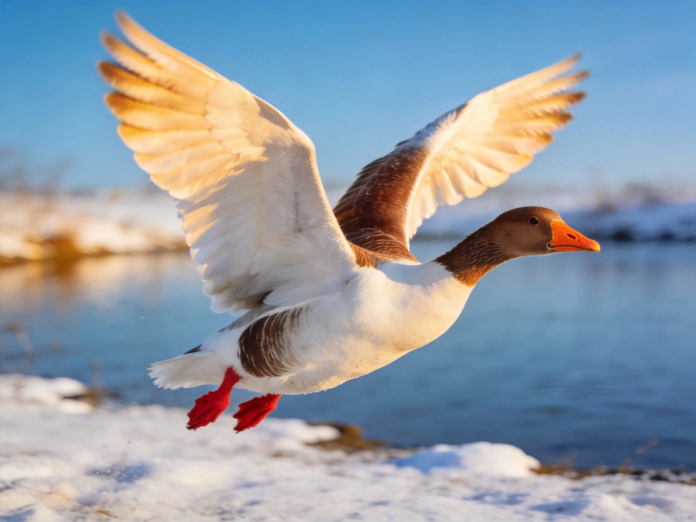 A brown-headed goose flies with spread wings over snowy terrain near water