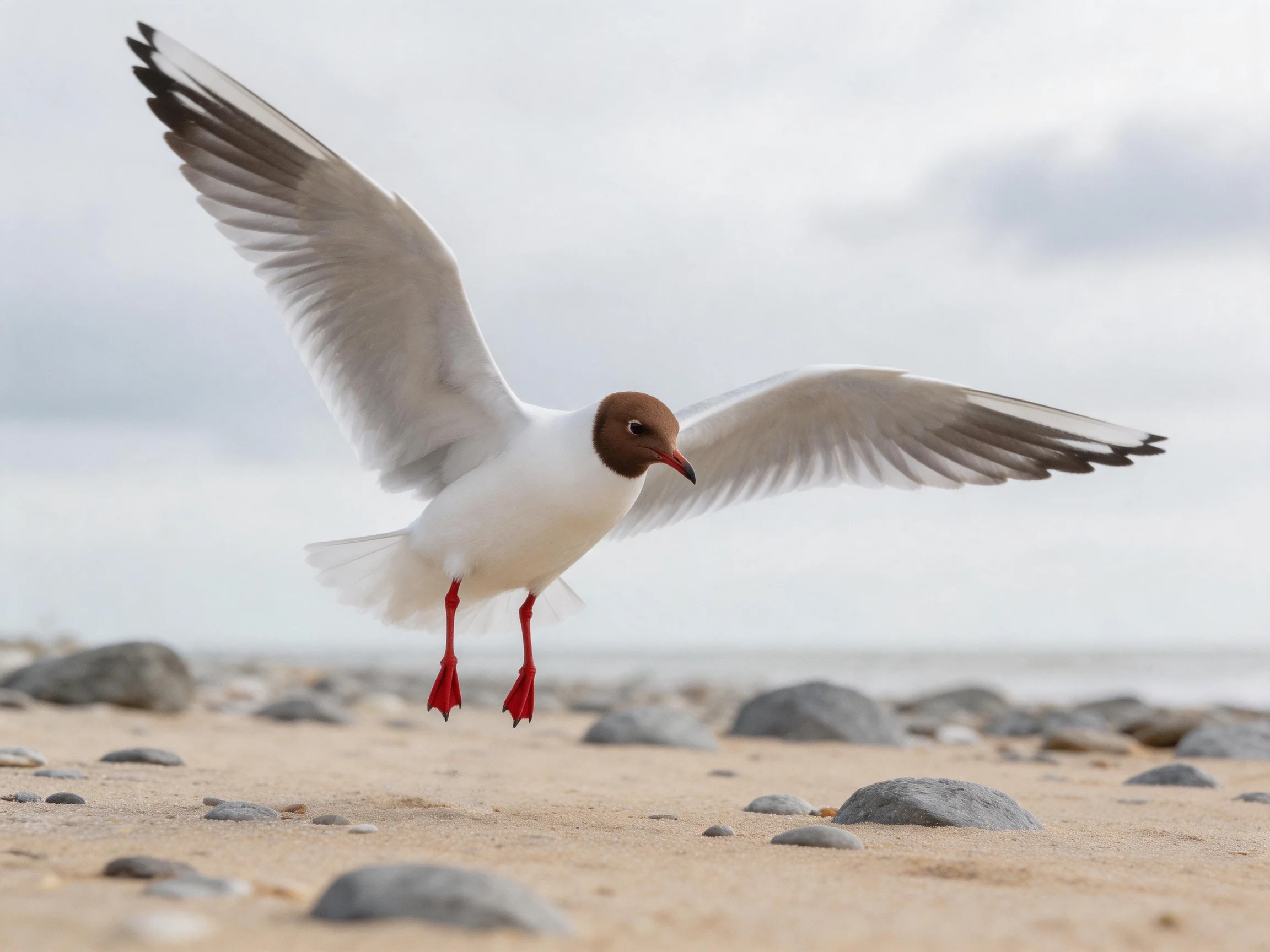 A brown-headed gull flies over a rocky sandy beach