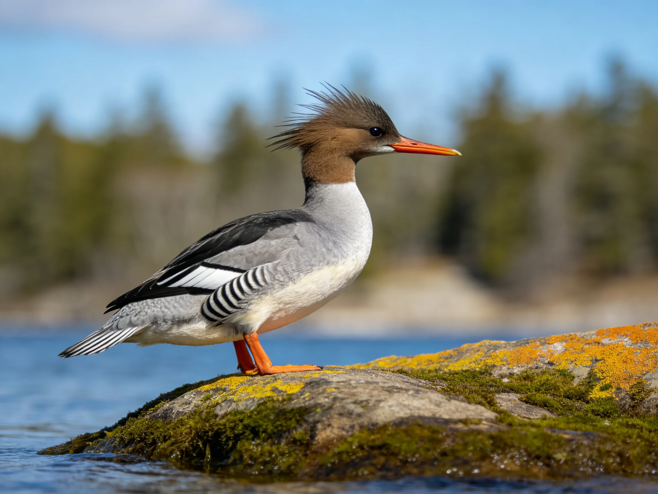 A brown-headed merganser perches on lichen-covered rocky outcrop by calm waters