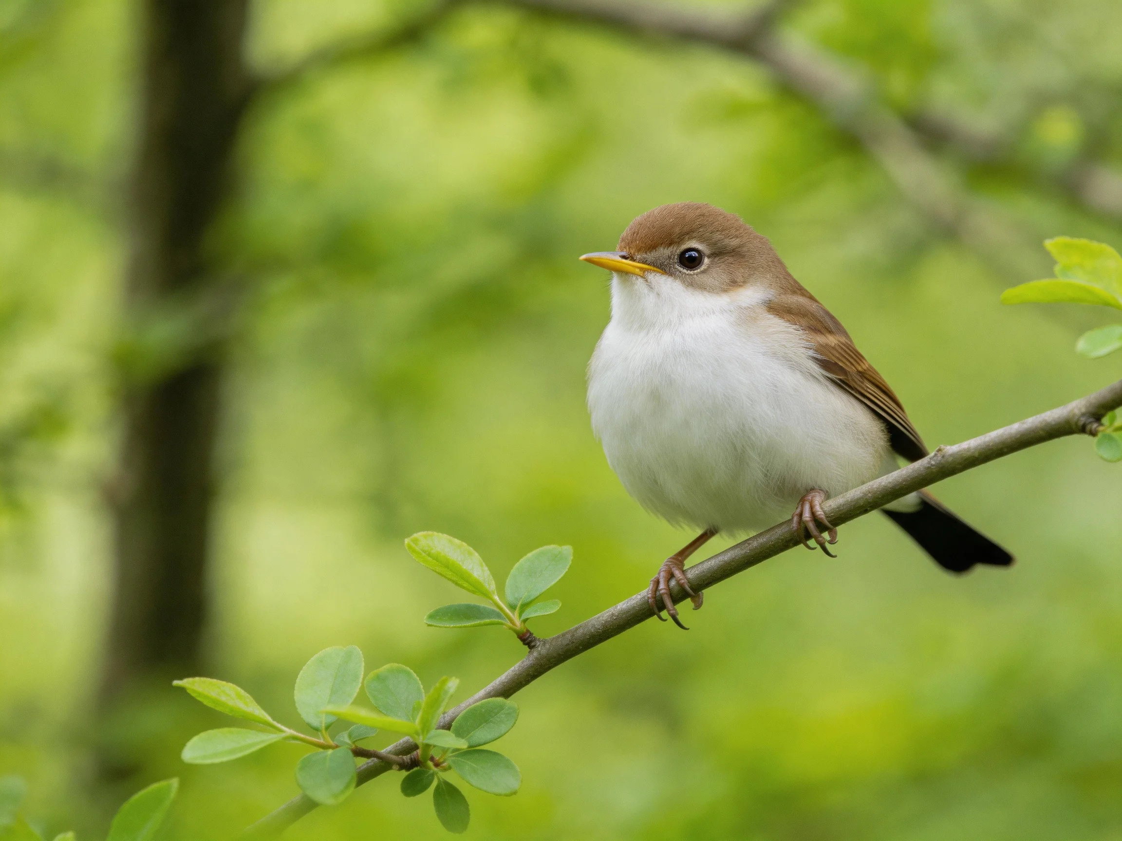 A brown-headed songbird perches on a leafy branch in a green forest