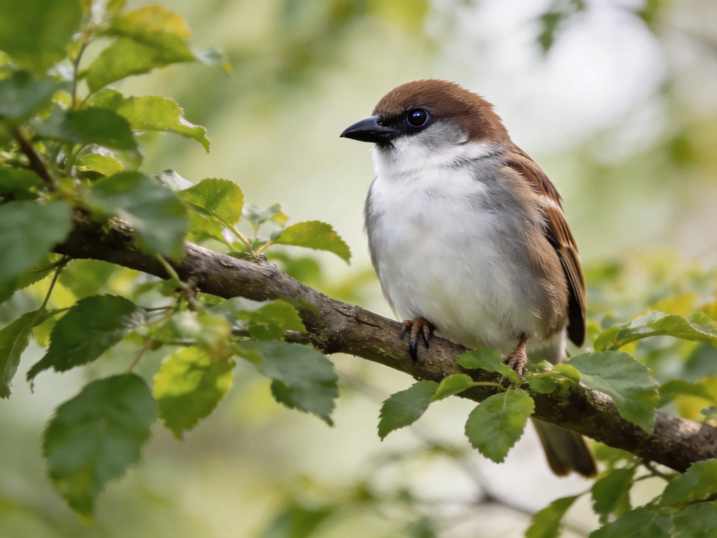 A brown-headed sparrow perched on a leaf-covered branch