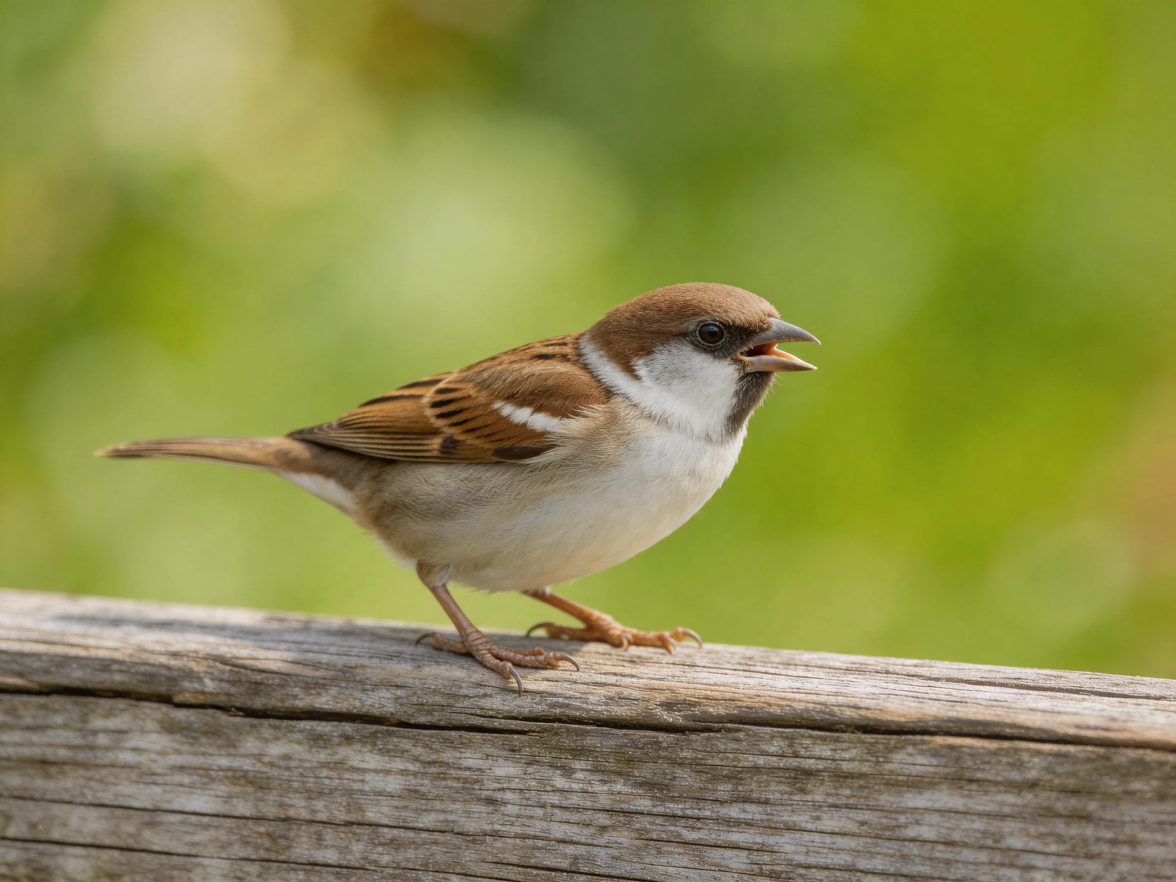 A brown-headed sparrow perched on a weathered wooden beam