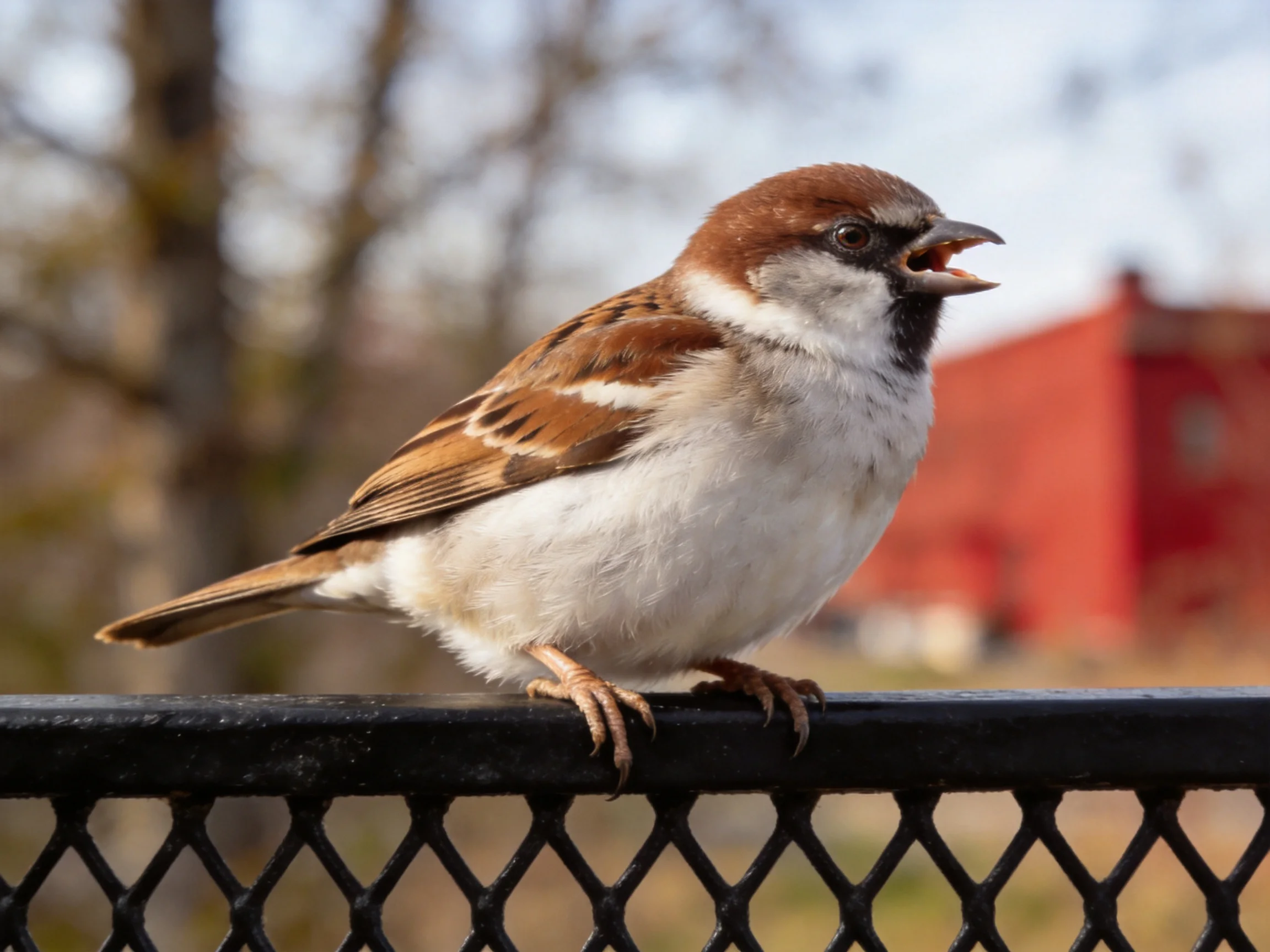 A brown-headed sparrow perches on a black fence near a red building