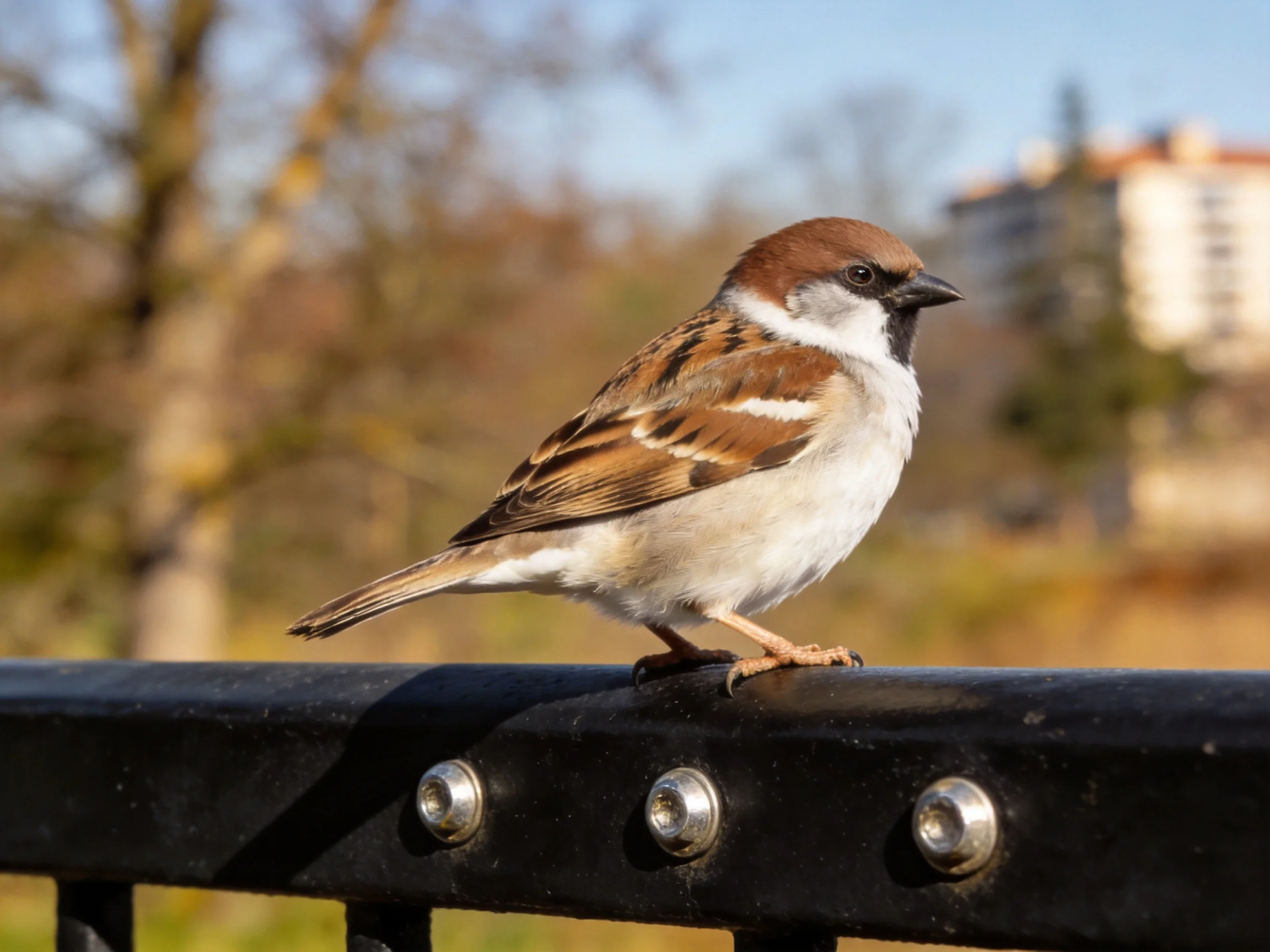 A brown-headed sparrow perches on a black metal railing outdoors.