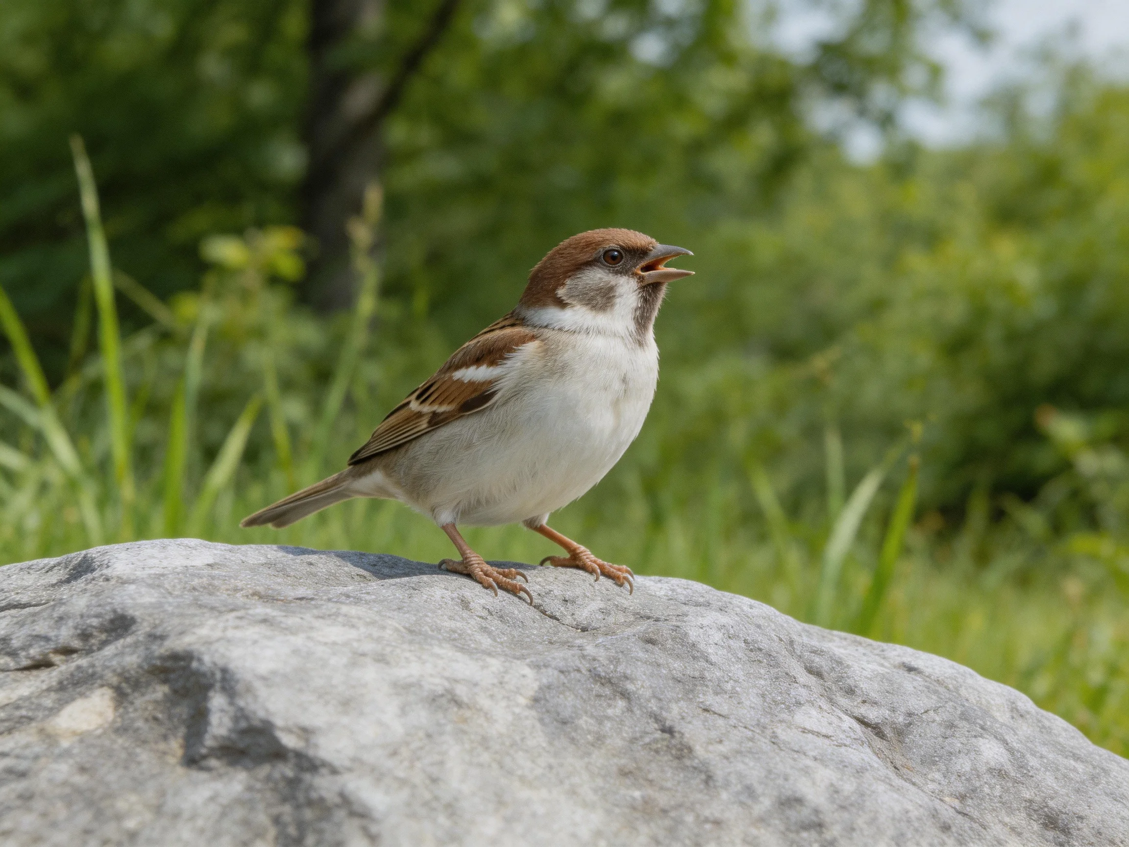 A brown-headed sparrow perches on a gray rock near greenery
